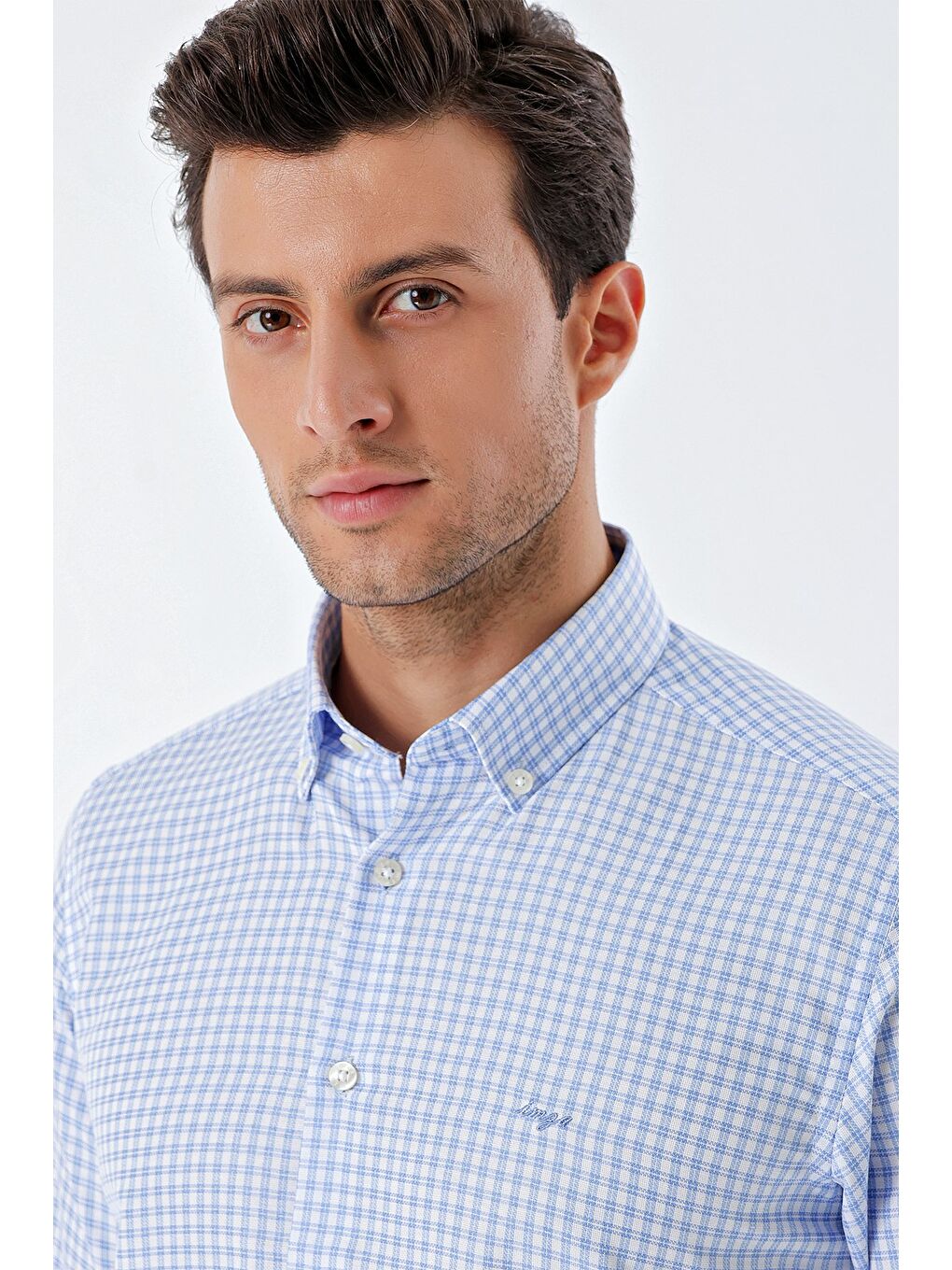 Koyu Mavi Uzun Kollu Kareli Düğmeli Yaka Cepsiz Pamuklu Klasik Slim Fit Dar Kesim Gömlek 1004230163-4