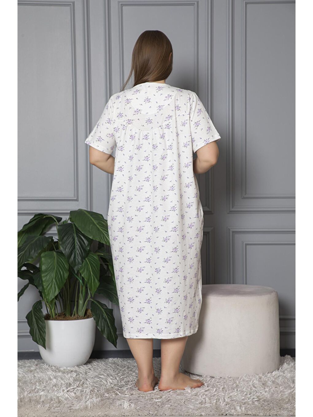 Lila %100 Pamuklu Penye Kısa Kollu Büyük Beden Anne Geceliği 584-3