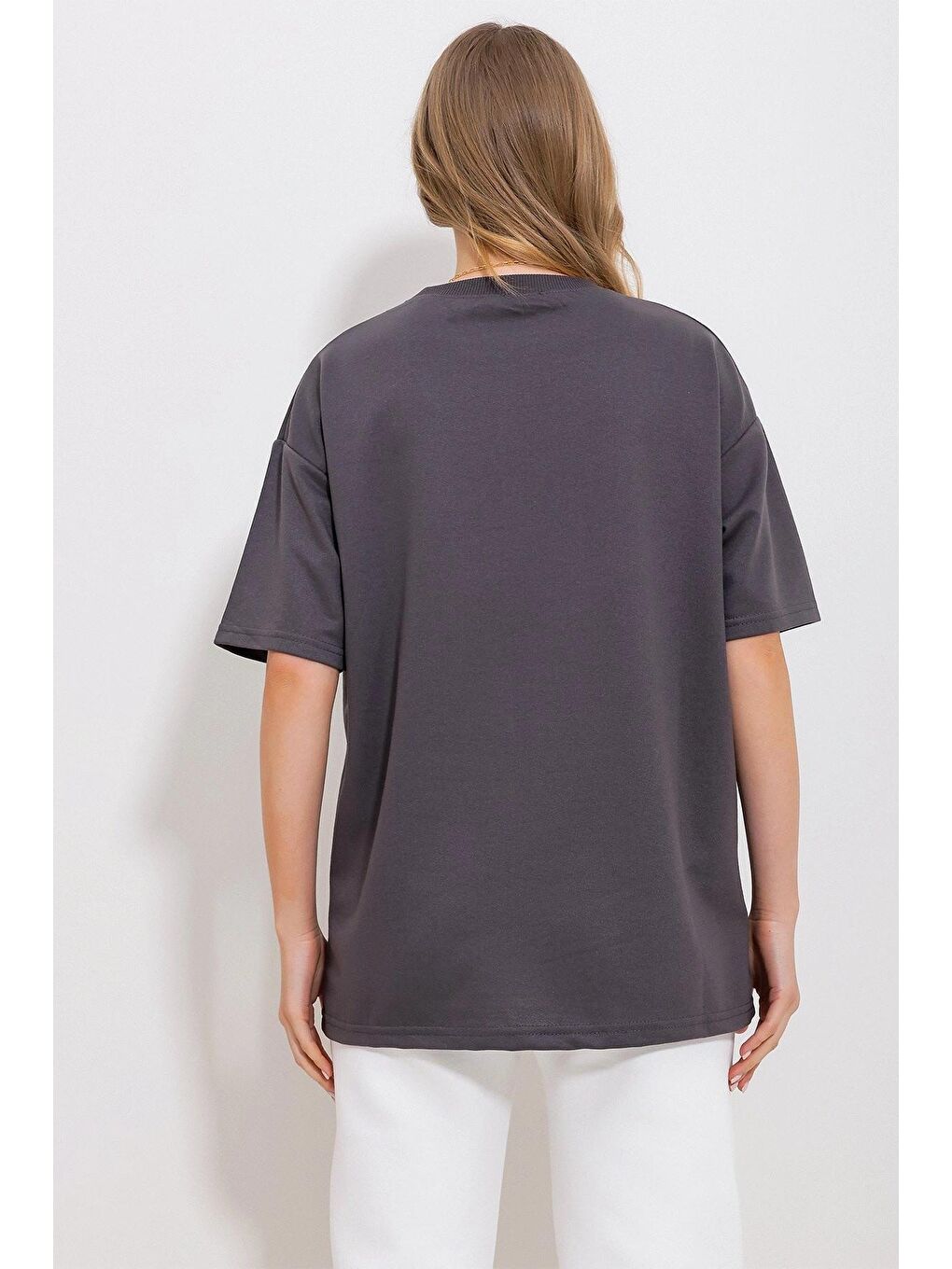 Antrasit Nakış Detay İki İplik T-Shirt-2