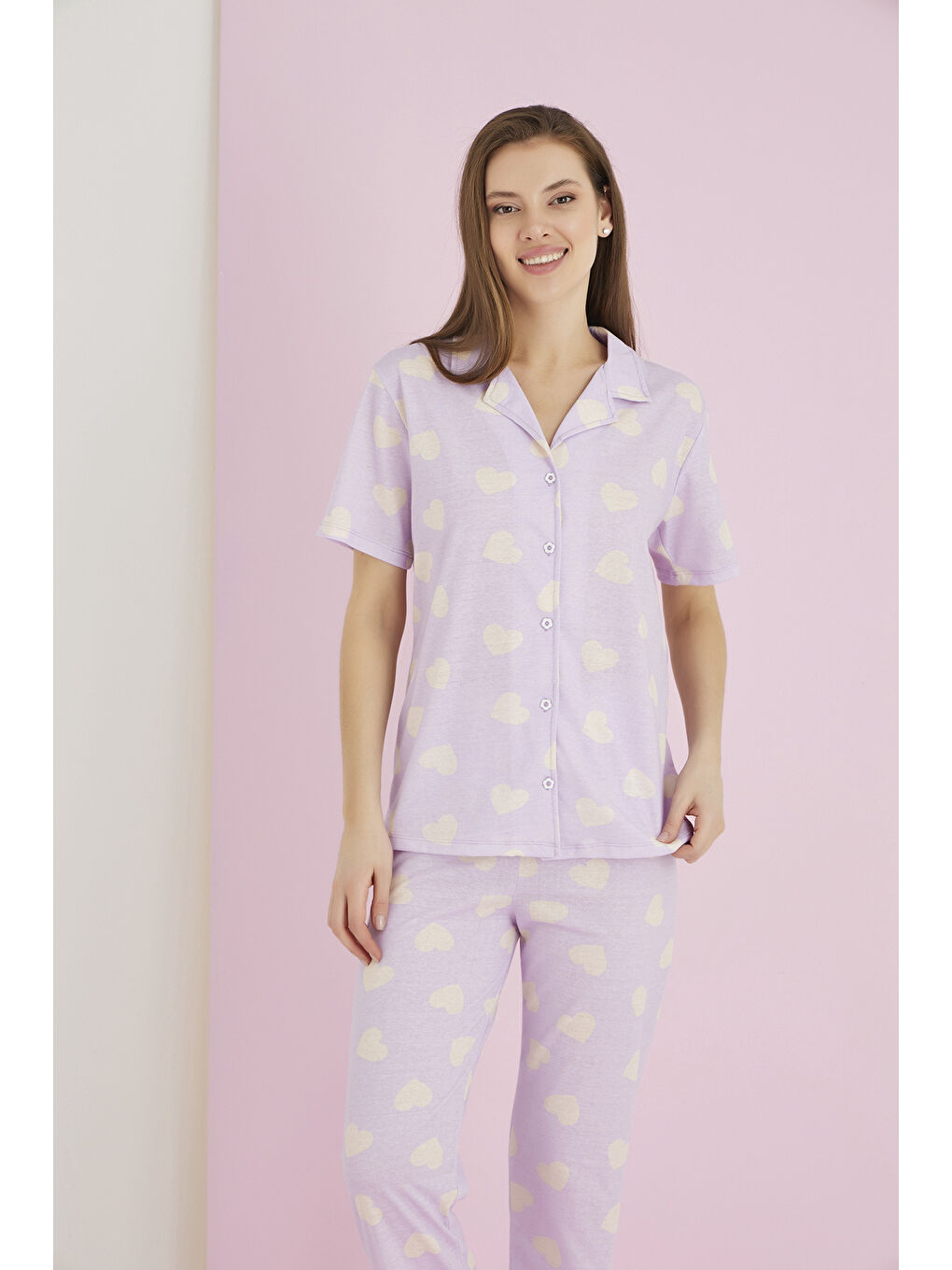 Lila Penye Düğmeli Pijama Takımı 7096-4-1