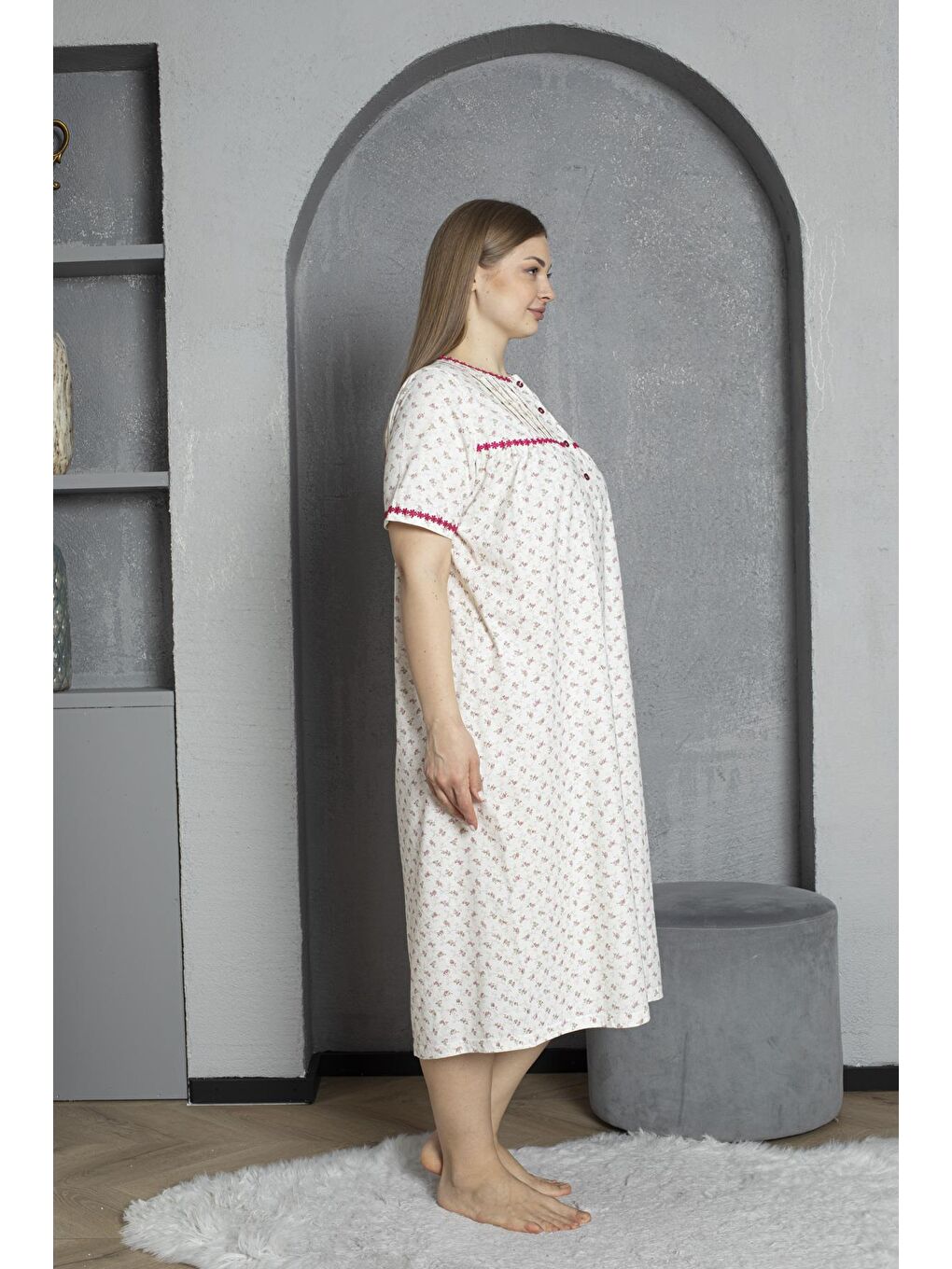 Fuşya Düğmeli Yaka Kısa Kol %100 Pamuklu Penye Büyük Beden Anne Geceliği 529-2