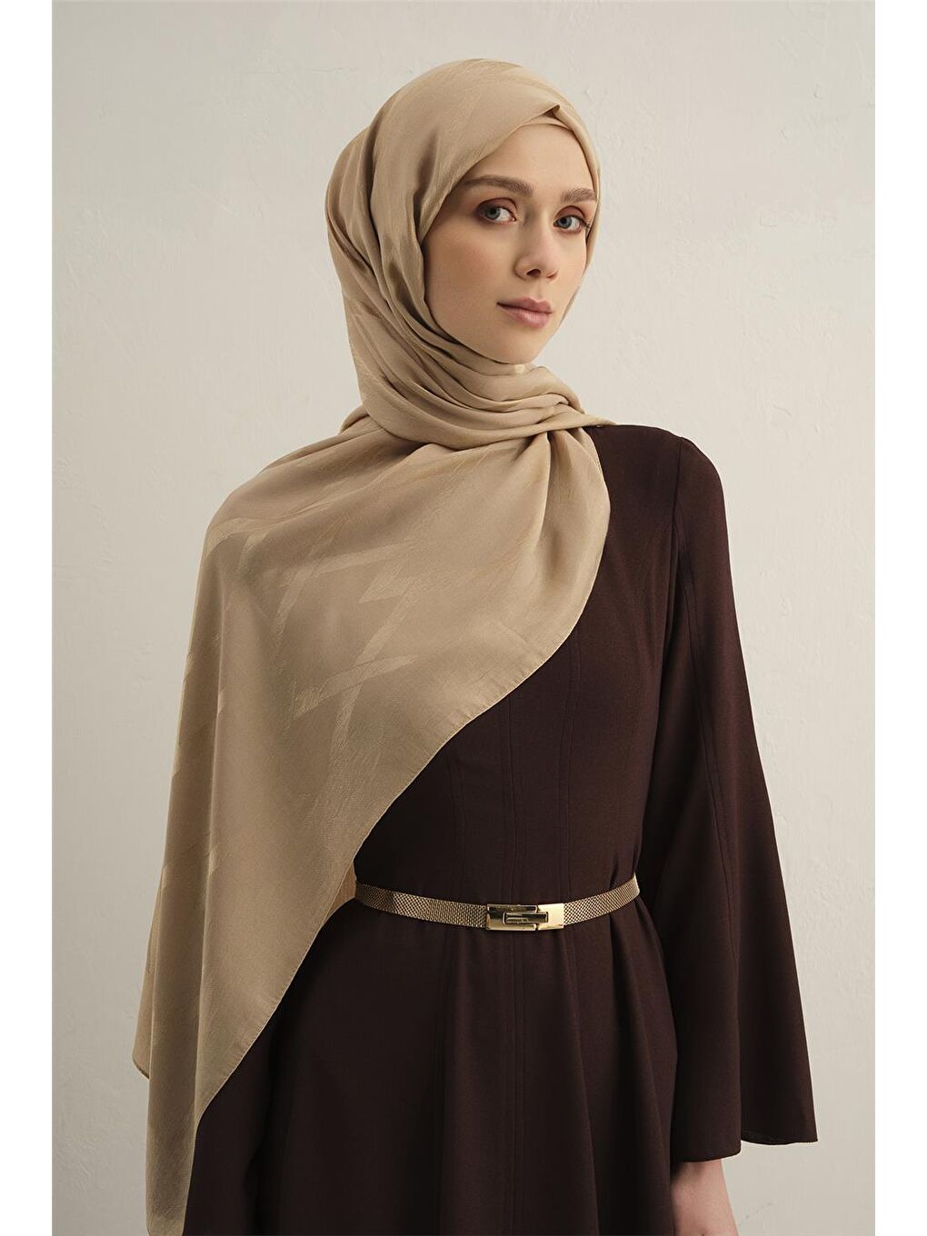 Bej Lyocell Naia Zikzak Desen Şal 1- 04-1