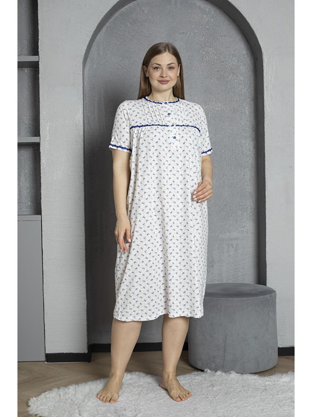 Lacivert Düğmeli Yaka Kısa Kol %100 Pamuklu Penye Büyük Beden Anne Geceliği 529-1