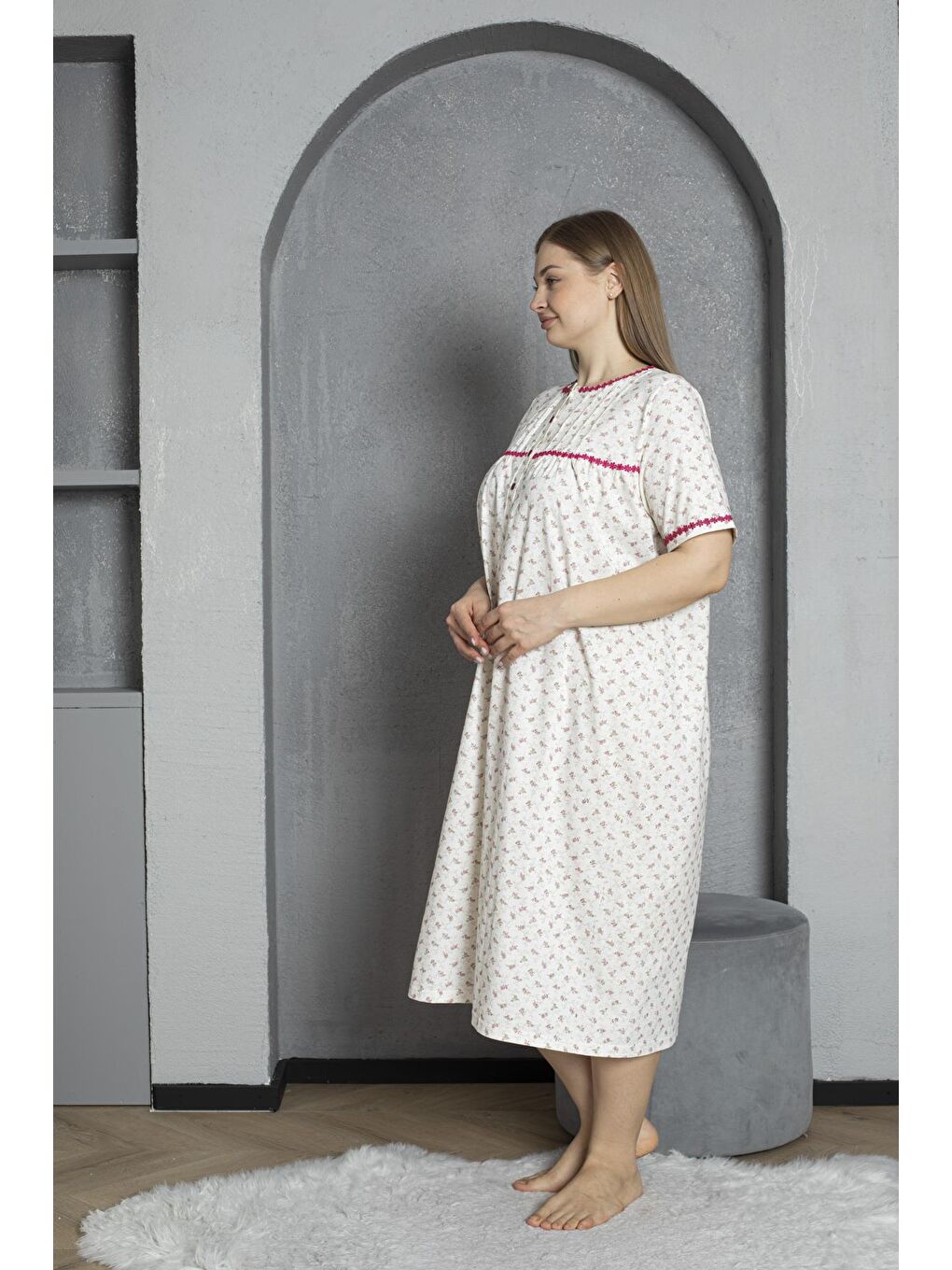 Fuşya Düğmeli Yaka Kısa Kol %100 Pamuklu Penye Büyük Beden Anne Geceliği 529-3