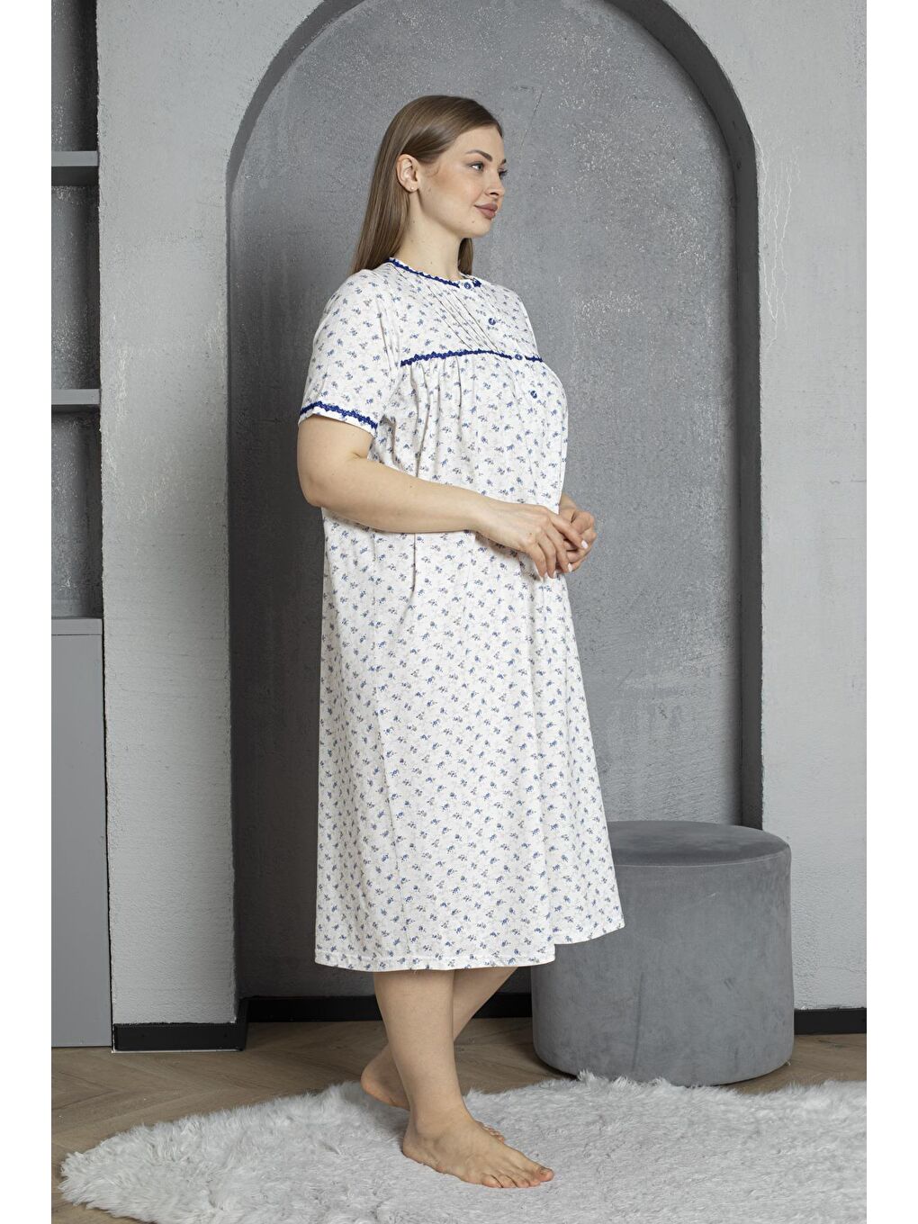 Lacivert Düğmeli Yaka Kısa Kol %100 Pamuklu Penye Büyük Beden Anne Geceliği 529-2