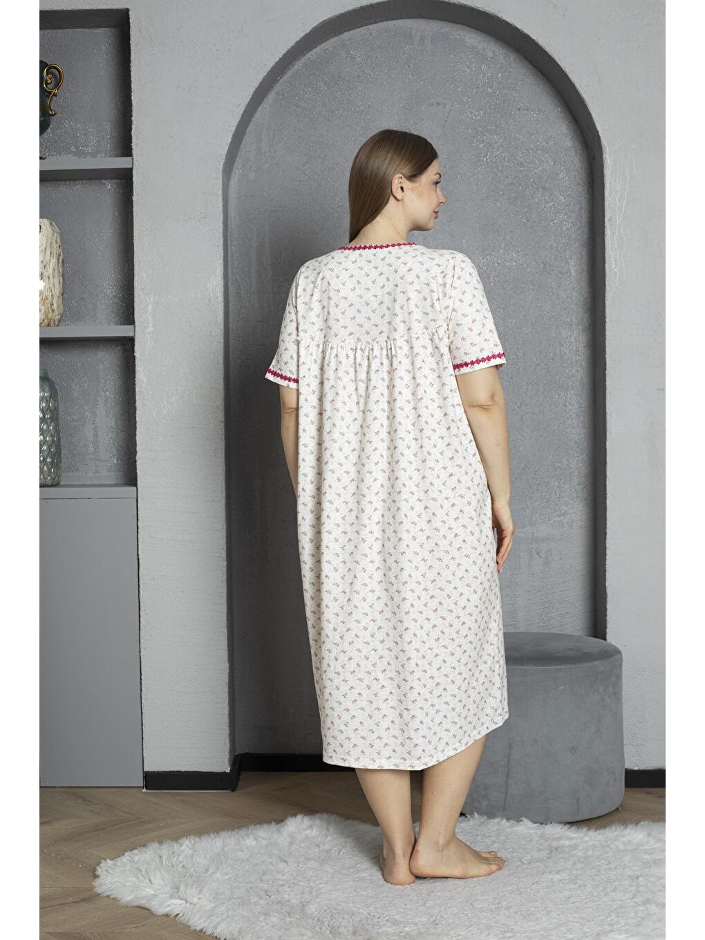 Fuşya Düğmeli Yaka Kısa Kol %100 Pamuklu Penye Büyük Beden Anne Geceliği 529-4