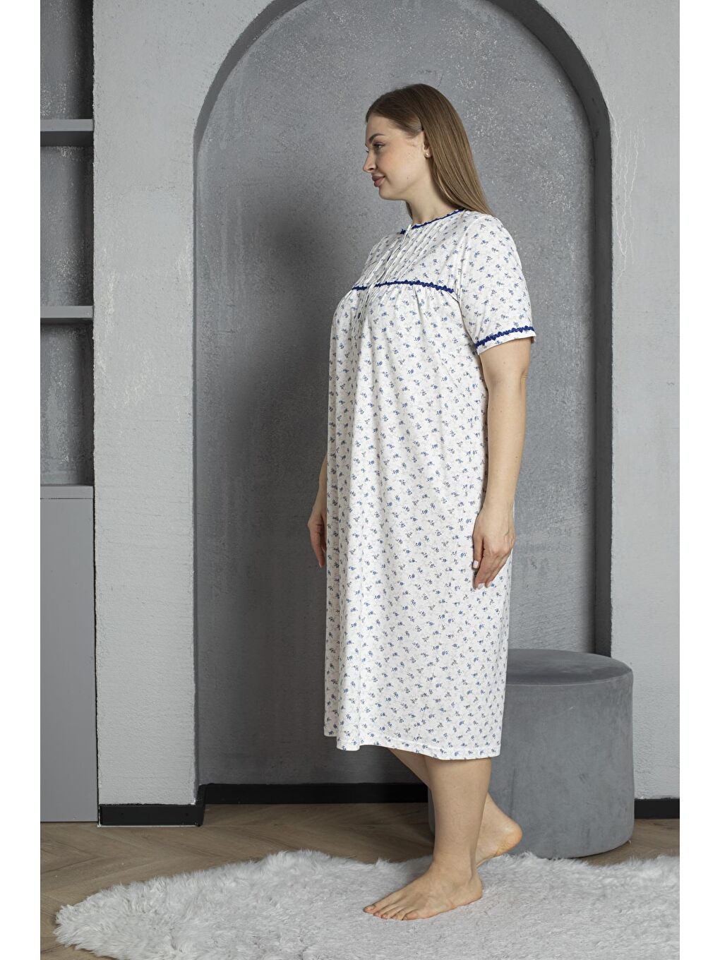 Lacivert Düğmeli Yaka Kısa Kol %100 Pamuklu Penye Büyük Beden Anne Geceliği 529-3