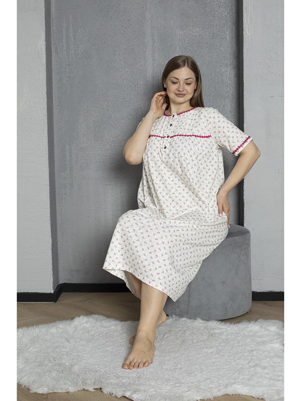 Fuşya Düğmeli Yaka Kısa Kol %100 Pamuklu Penye Büyük Beden Anne Geceliği 529-5