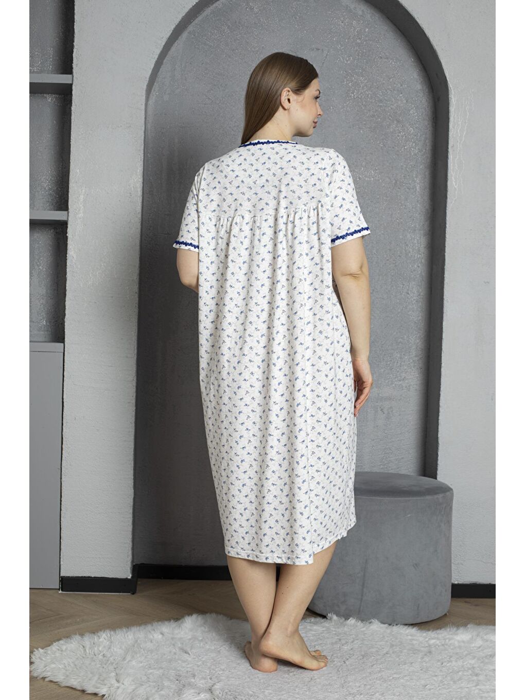 Lacivert Düğmeli Yaka Kısa Kol %100 Pamuklu Penye Büyük Beden Anne Geceliği 529-4