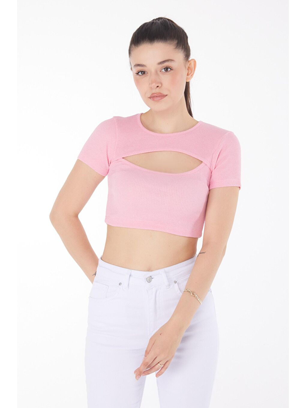 TOFİSA Pembe Düz Bisiklet Yaka Kadın Pembe Crop  - 25852