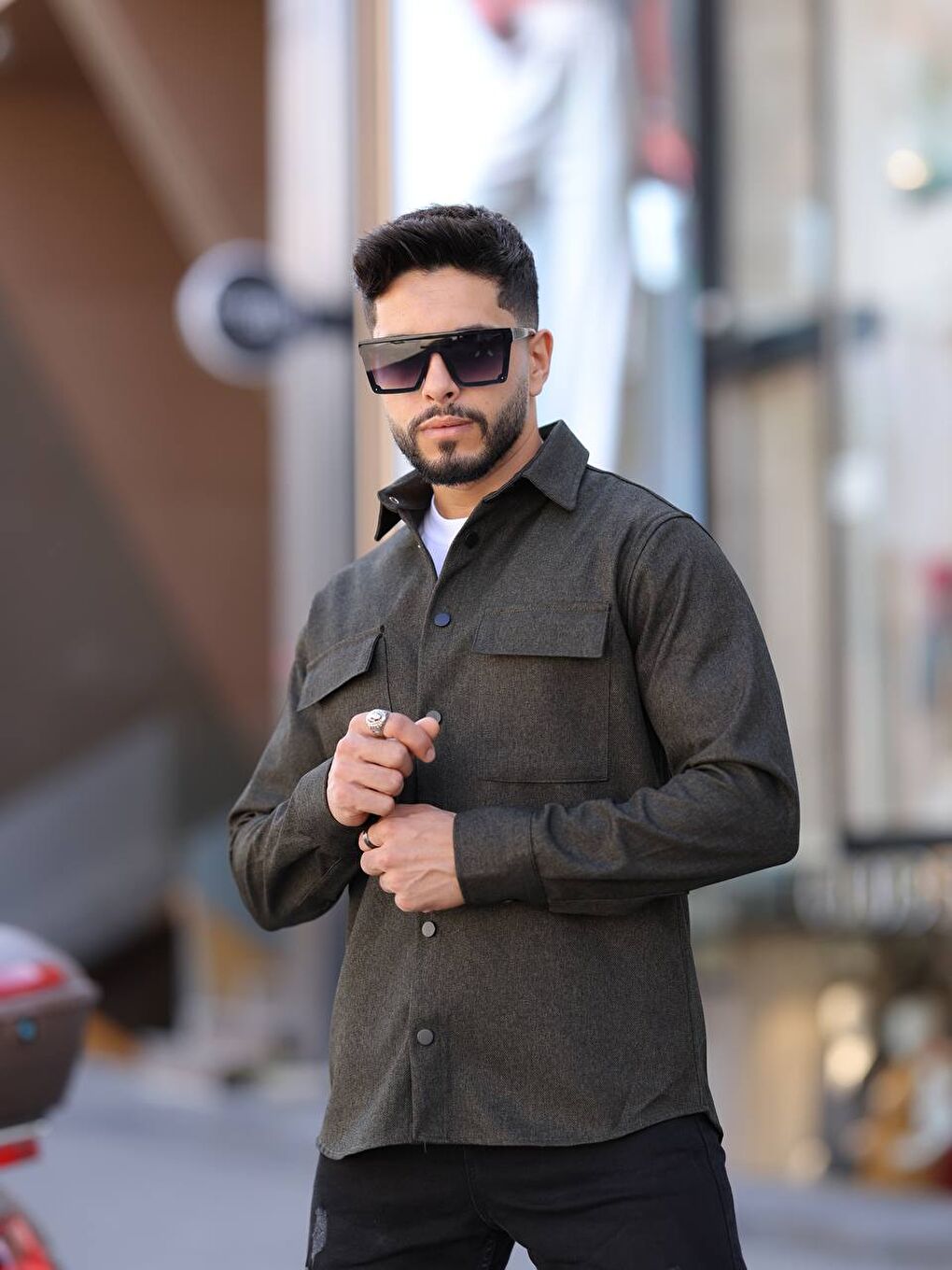 Haki Erkek Kaplamalı Yün Effectli Örme Gömlek-1