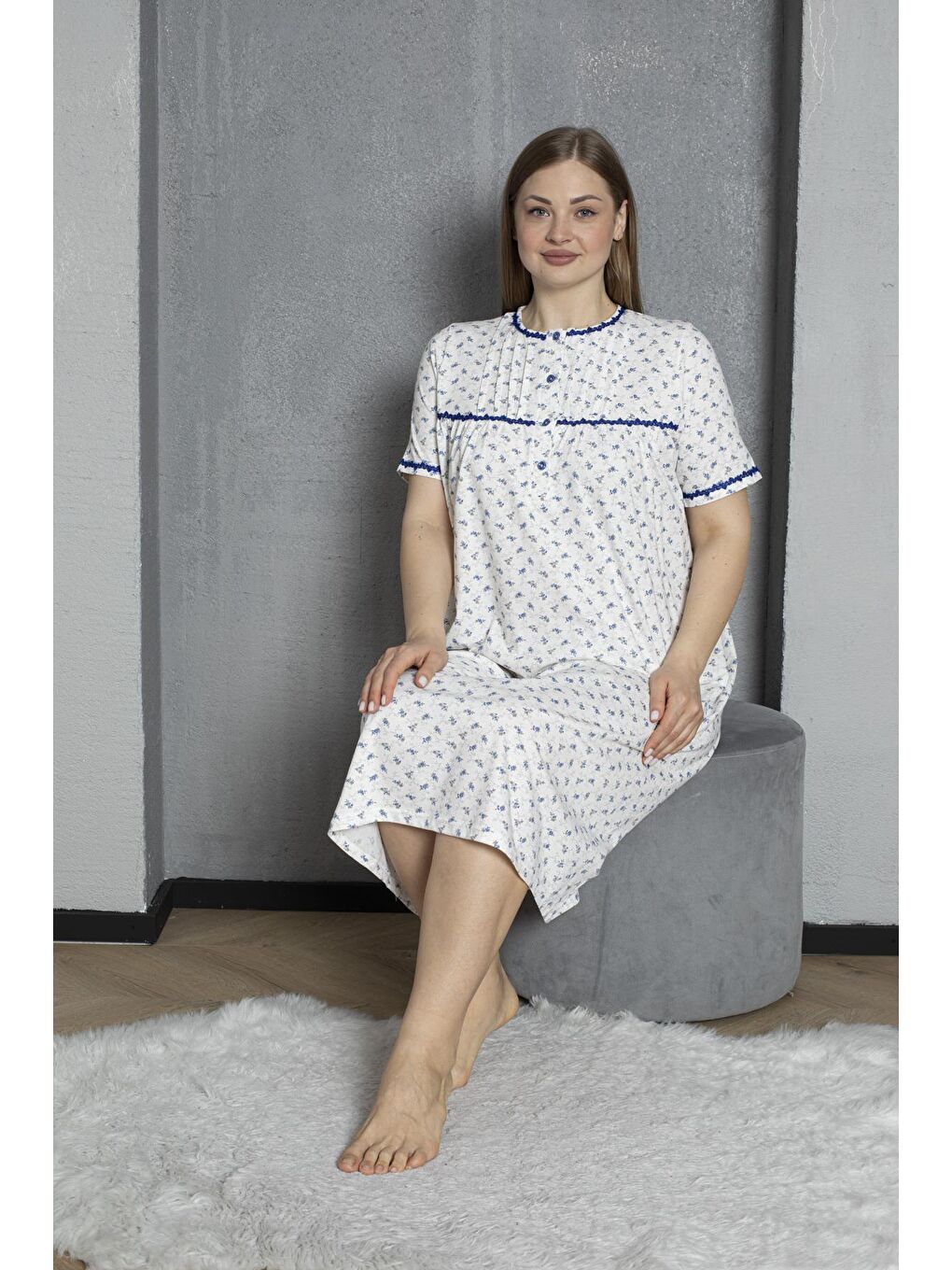 Lacivert Düğmeli Yaka Kısa Kol %100 Pamuklu Penye Büyük Beden Anne Geceliği 529-5