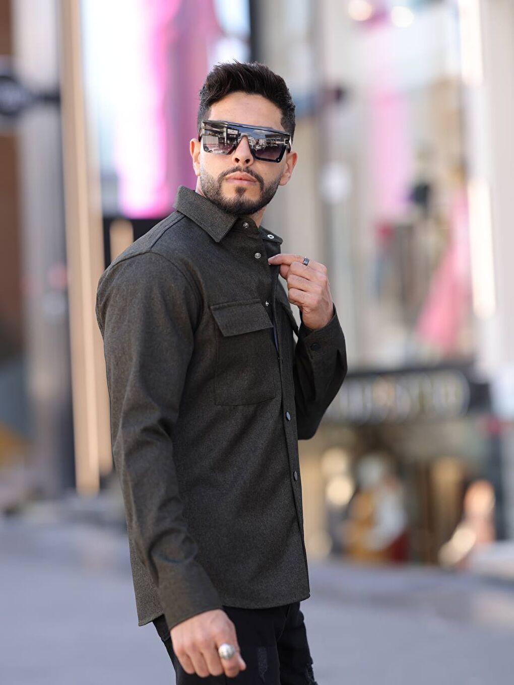 Haki Erkek Kaplamalı Yün Effectli Örme Gömlek-2