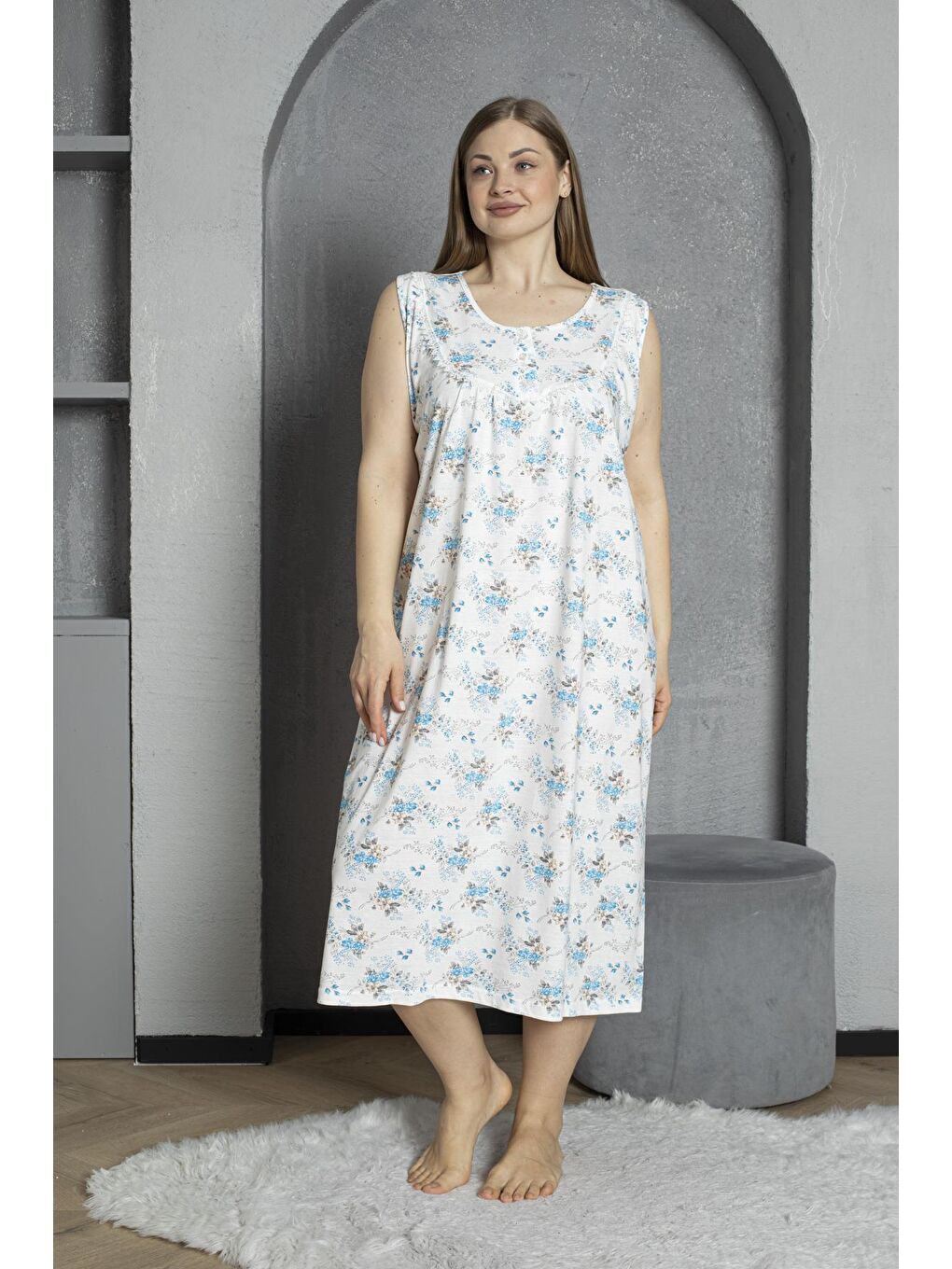 Mavi Sıfır Kol Düğmeli Yaka %100 Pamuklu Penye Büyük Beden Anne Geceliği 1518-1