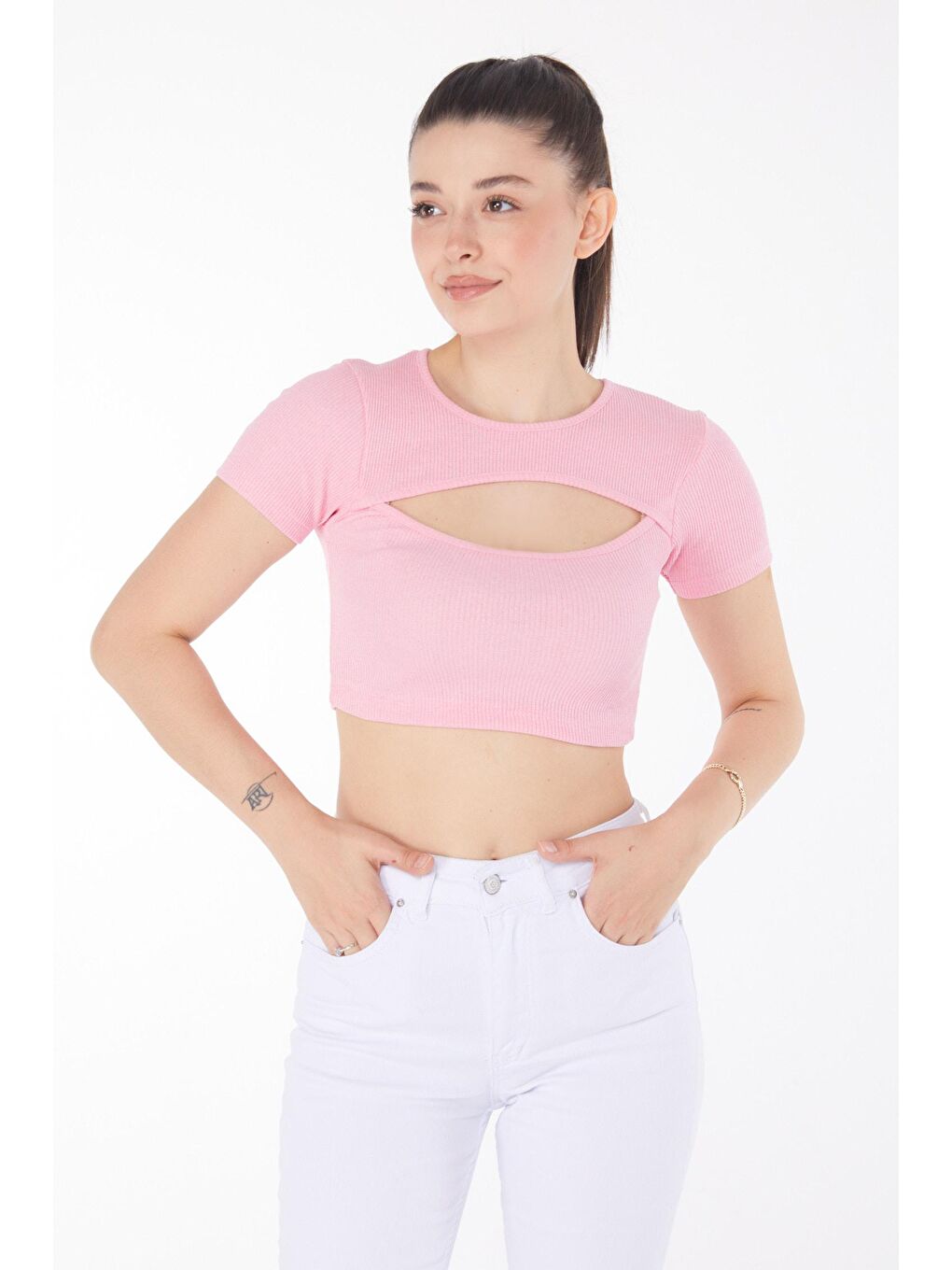 TOFİSA Pembe Düz Bisiklet Yaka Kadın Pembe Crop  - 25852 - 1