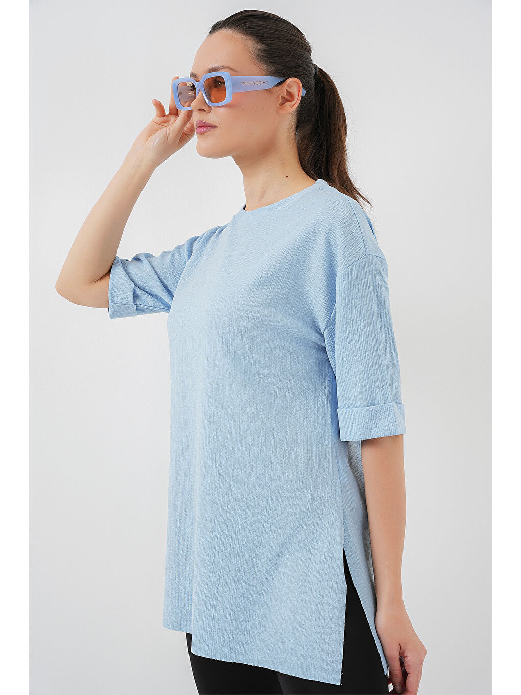 4332 Yanı Yırtmaçlı Örme Tişört - Mavi-1