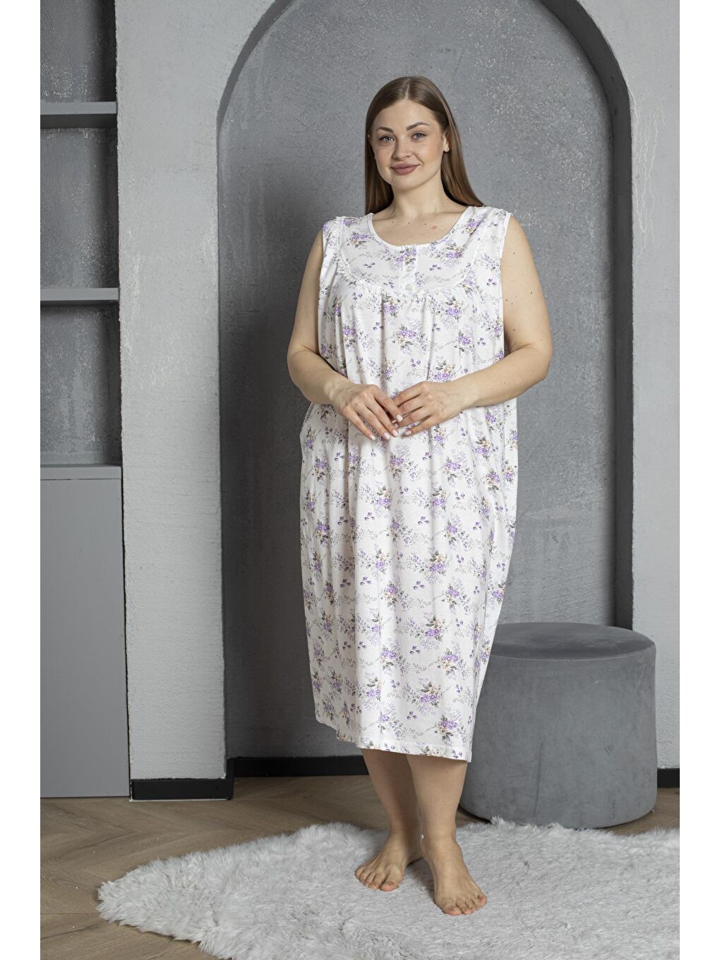 Lila Sıfır Kol Düğmeli Yaka %100 Pamuklu Penye Büyük Beden Anne Geceliği 1518-1