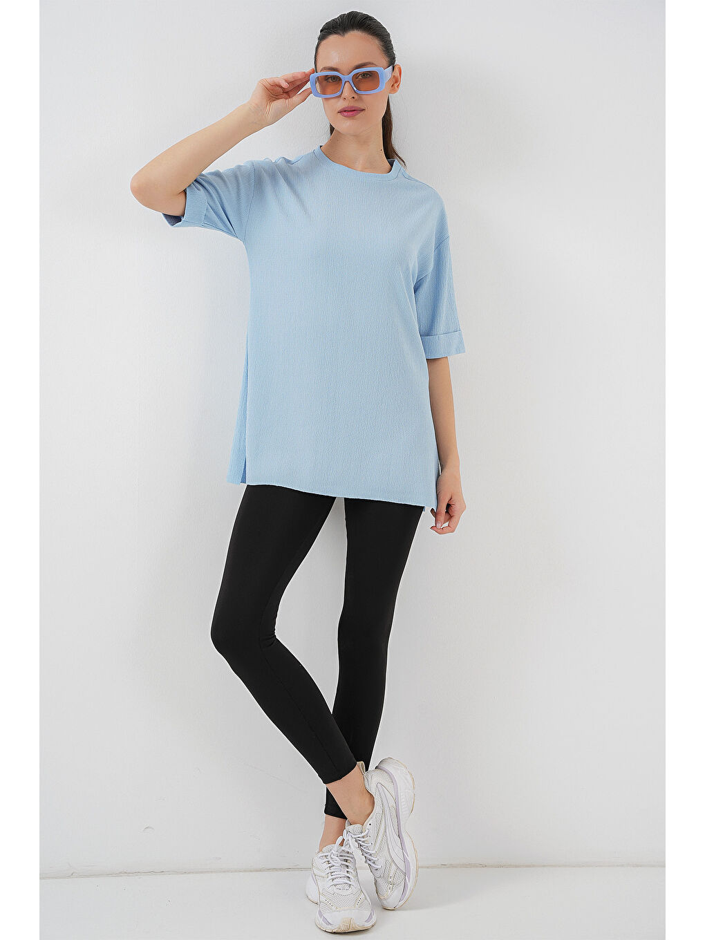 4332 Yanı Yırtmaçlı Örme Tişört - Mavi-2