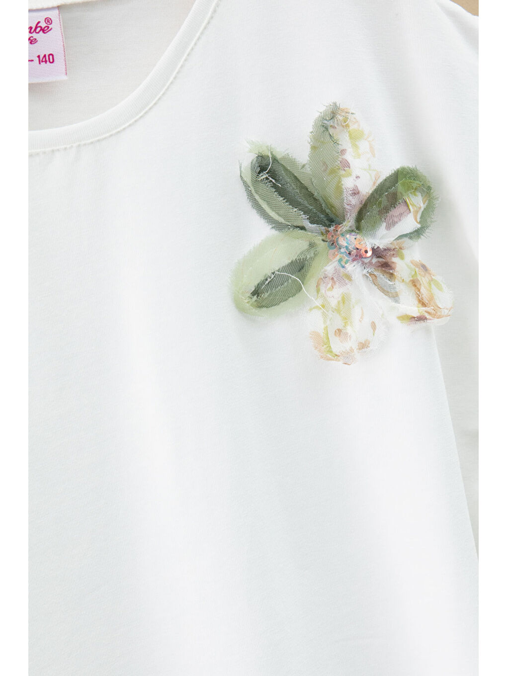 Haki Çiçek İşlemeli Tüllü Etekli Kısa Kol Bluzlu Kız Çocuk 2li Takım 21047-1