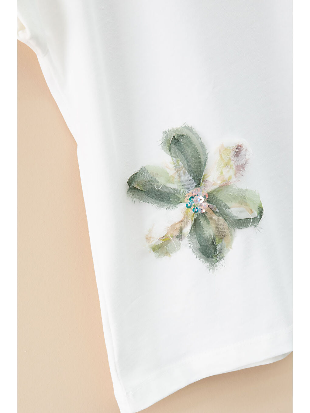 Haki Çiçek İşlemeli Tüllü Etekli Kısa Kol Bluzlu Kız Çocuk 2li Takım 21047-2