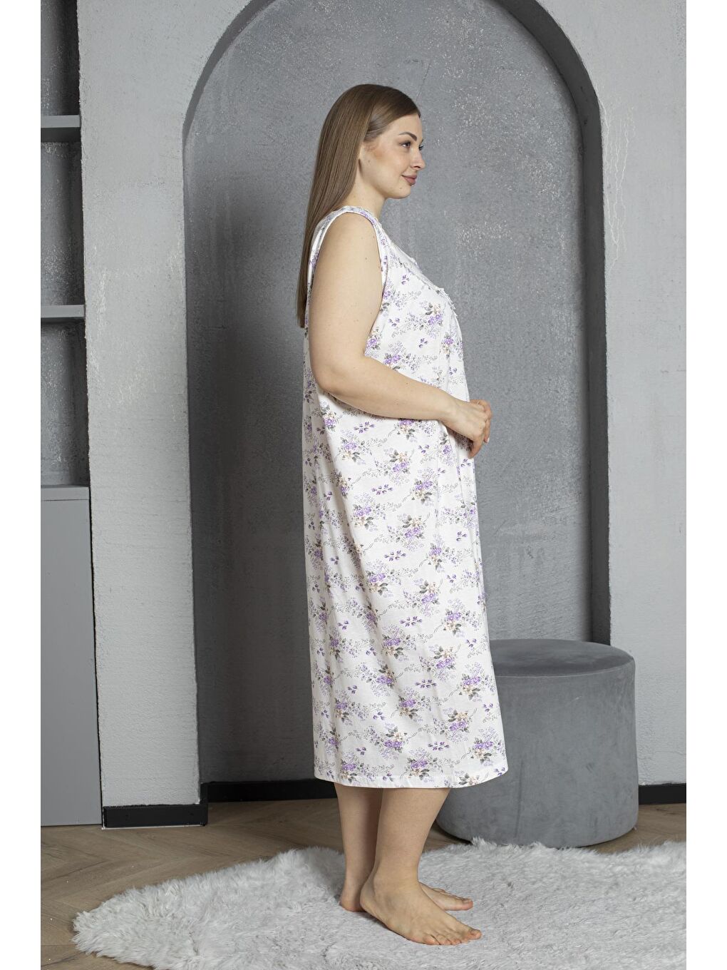 Lila Sıfır Kol Düğmeli Yaka %100 Pamuklu Penye Büyük Beden Anne Geceliği 1518-2