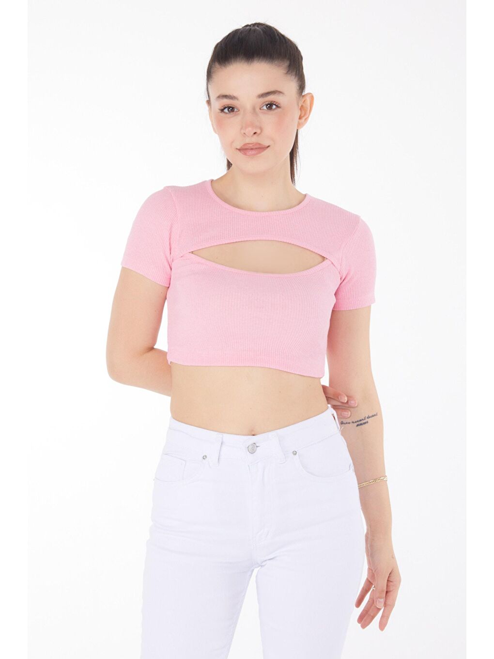 TOFİSA Pembe Düz Bisiklet Yaka Kadın Pembe Crop  - 25852 - 2