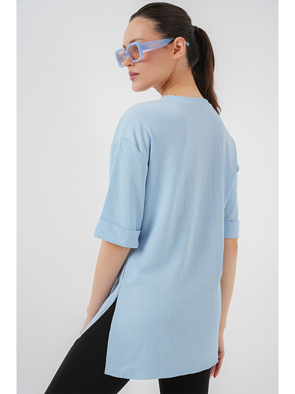 4332 Yanı Yırtmaçlı Örme Tişört - Mavi-4