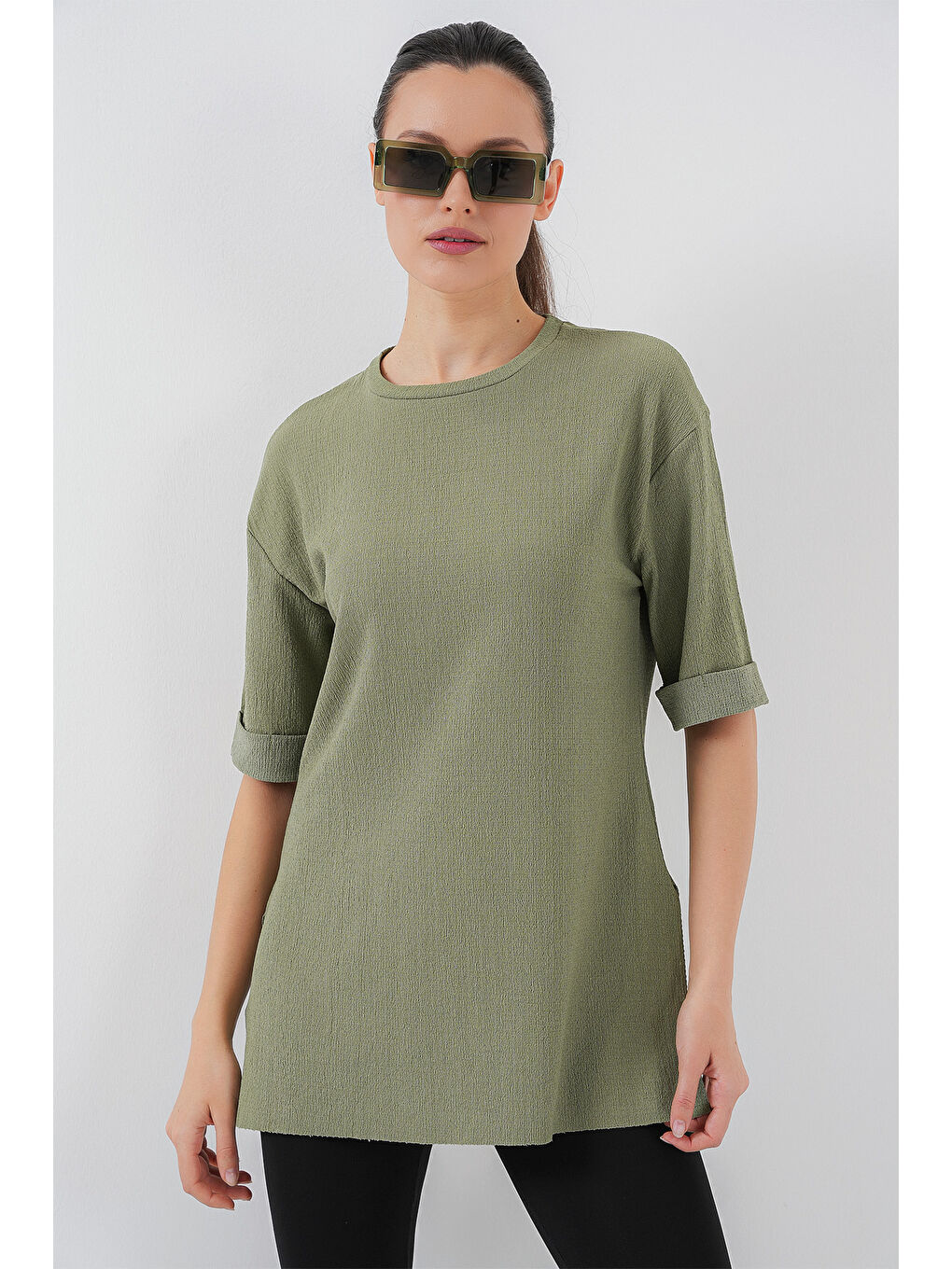 Yeşil 4332 Yanı Yırtmaçlı Örme Tişört - Çağla