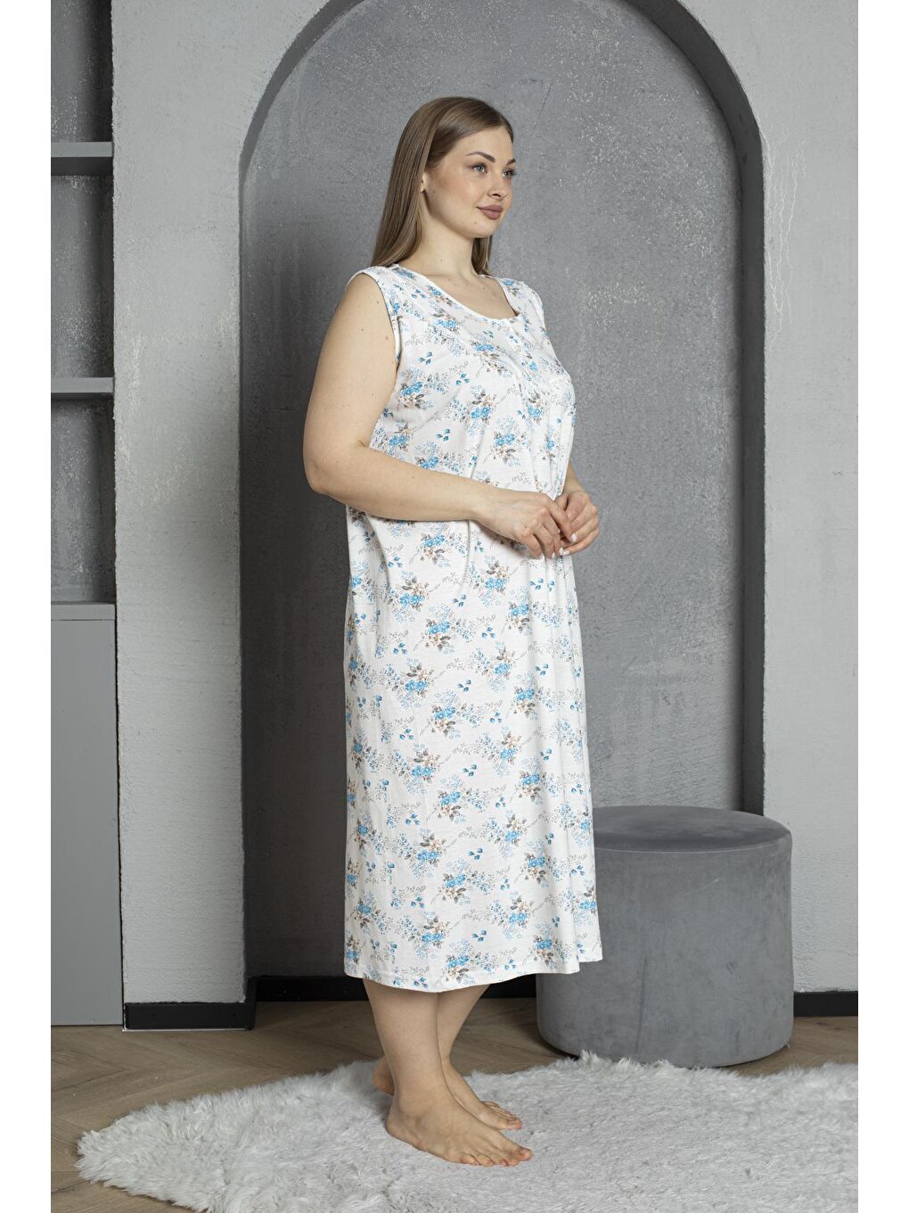 Mavi Sıfır Kol Düğmeli Yaka %100 Pamuklu Penye Büyük Beden Anne Geceliği 1518-2