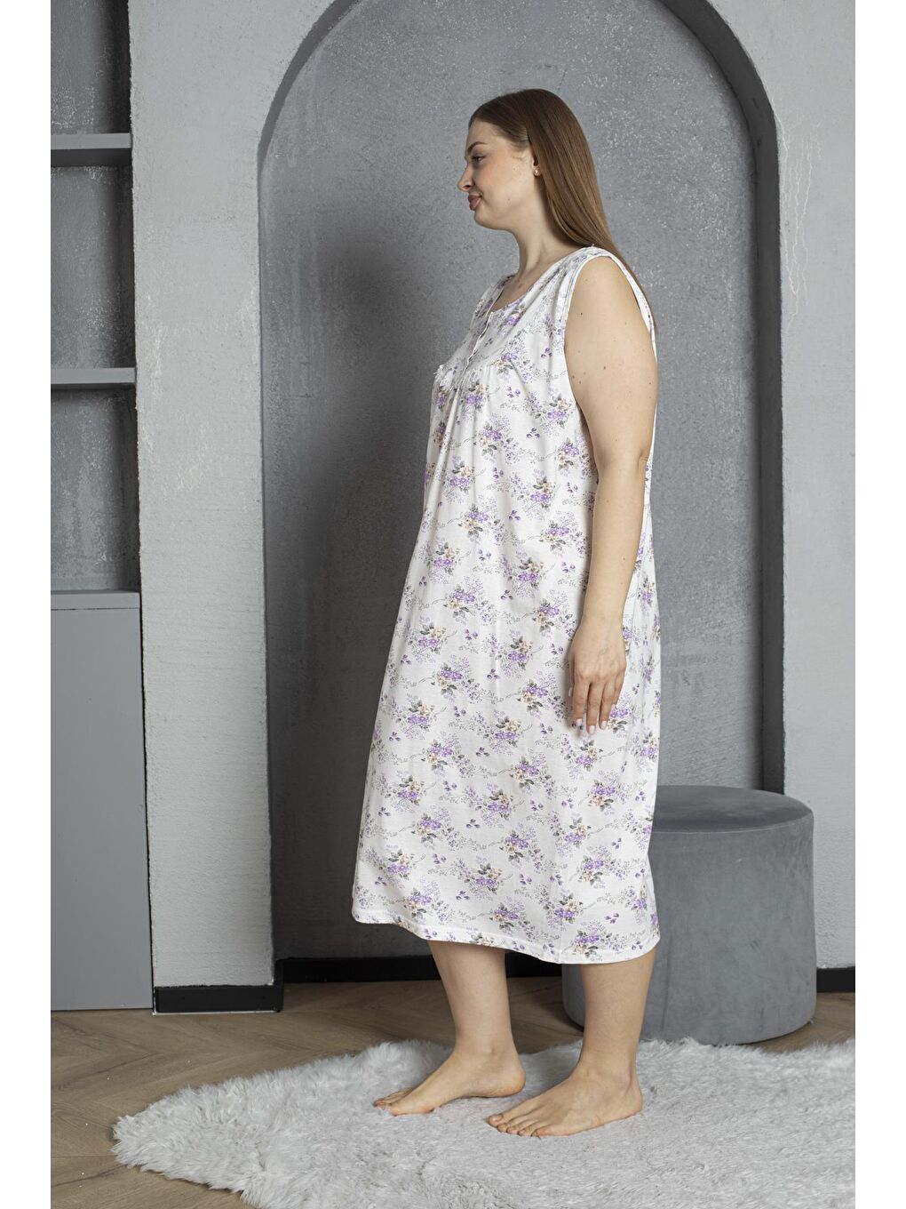 Lila Sıfır Kol Düğmeli Yaka %100 Pamuklu Penye Büyük Beden Anne Geceliği 1518-3