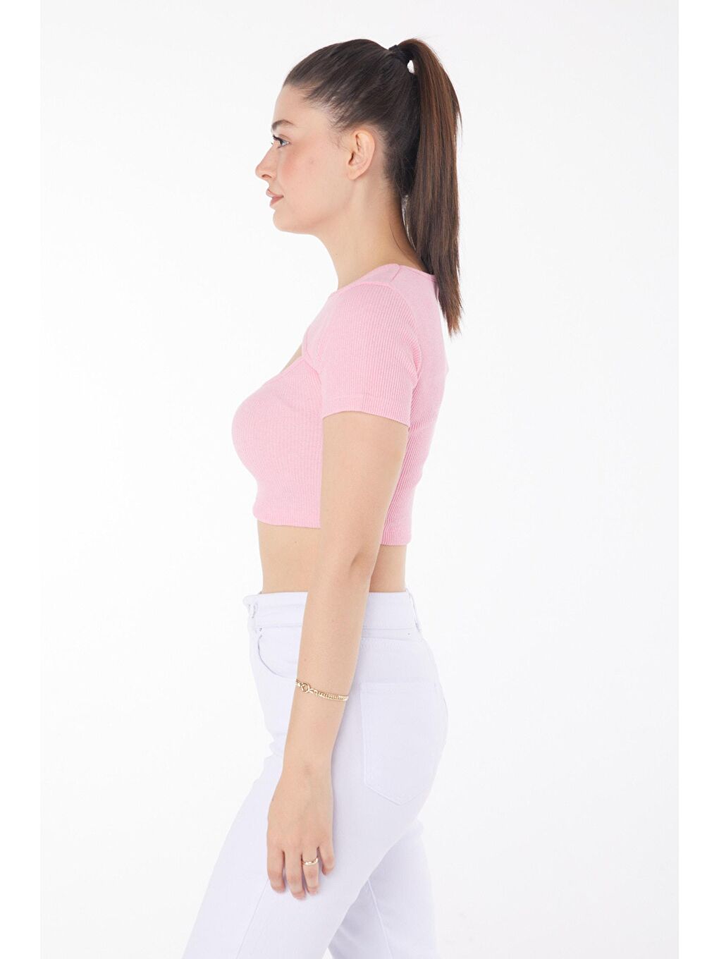 TOFİSA Pembe Düz Bisiklet Yaka Kadın Pembe Crop  - 25852 - 3