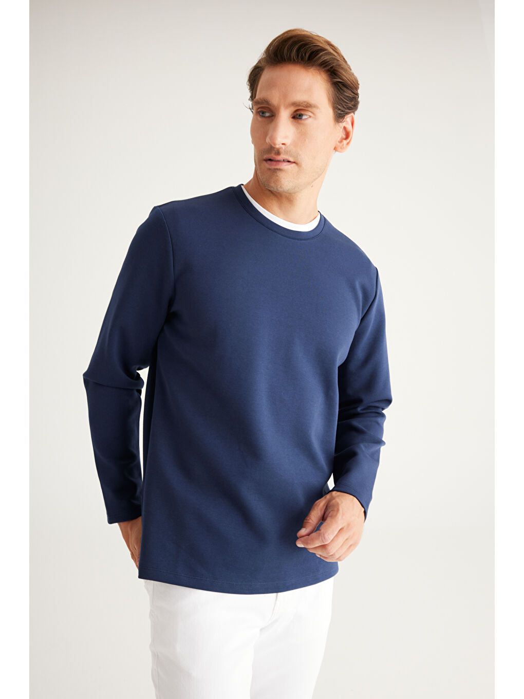 Erkek Lacivert Slim Fit Dar Kesim Bisiklet Yaka Tişört-2