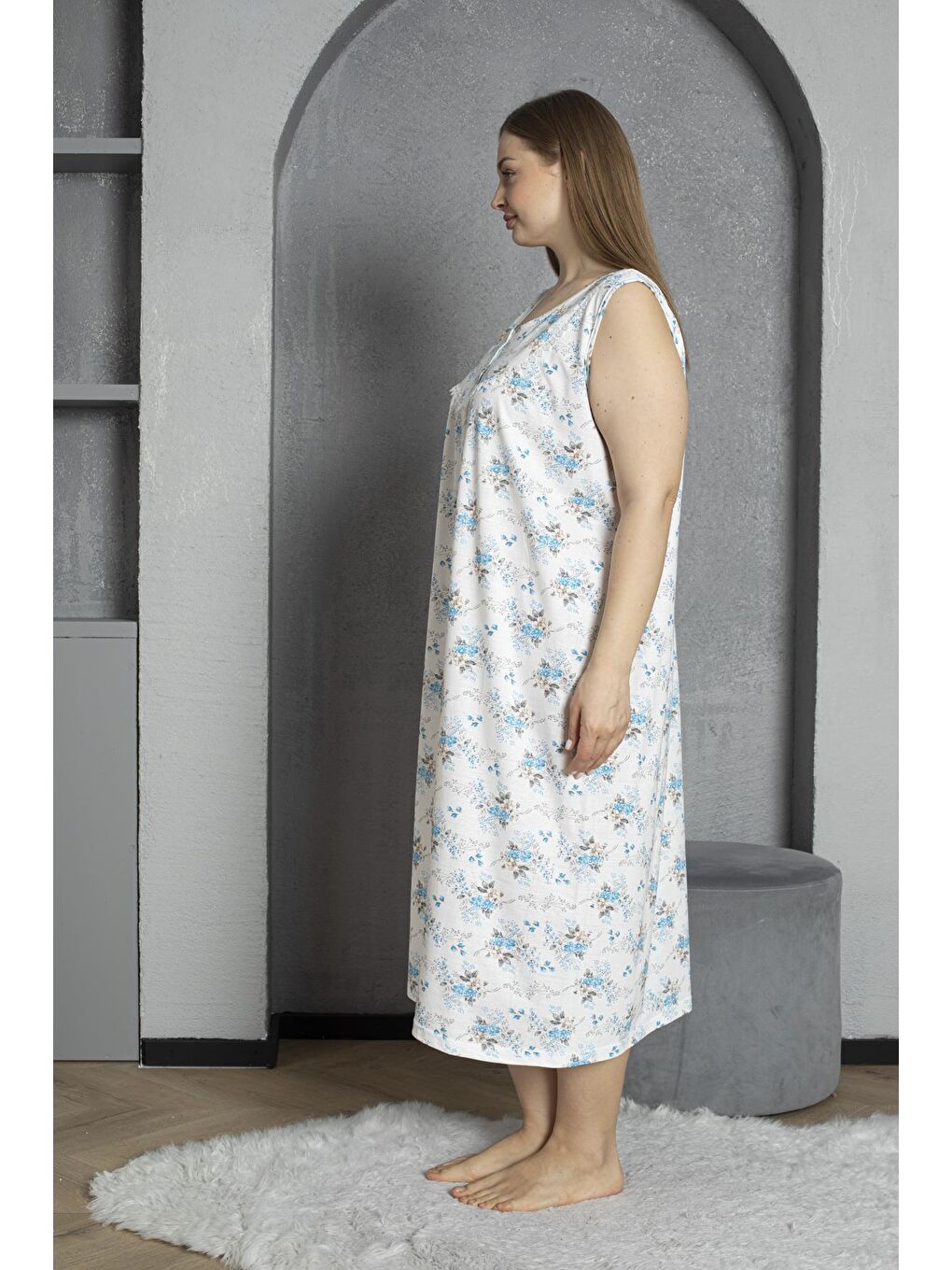 Mavi Sıfır Kol Düğmeli Yaka %100 Pamuklu Penye Büyük Beden Anne Geceliği 1518-3