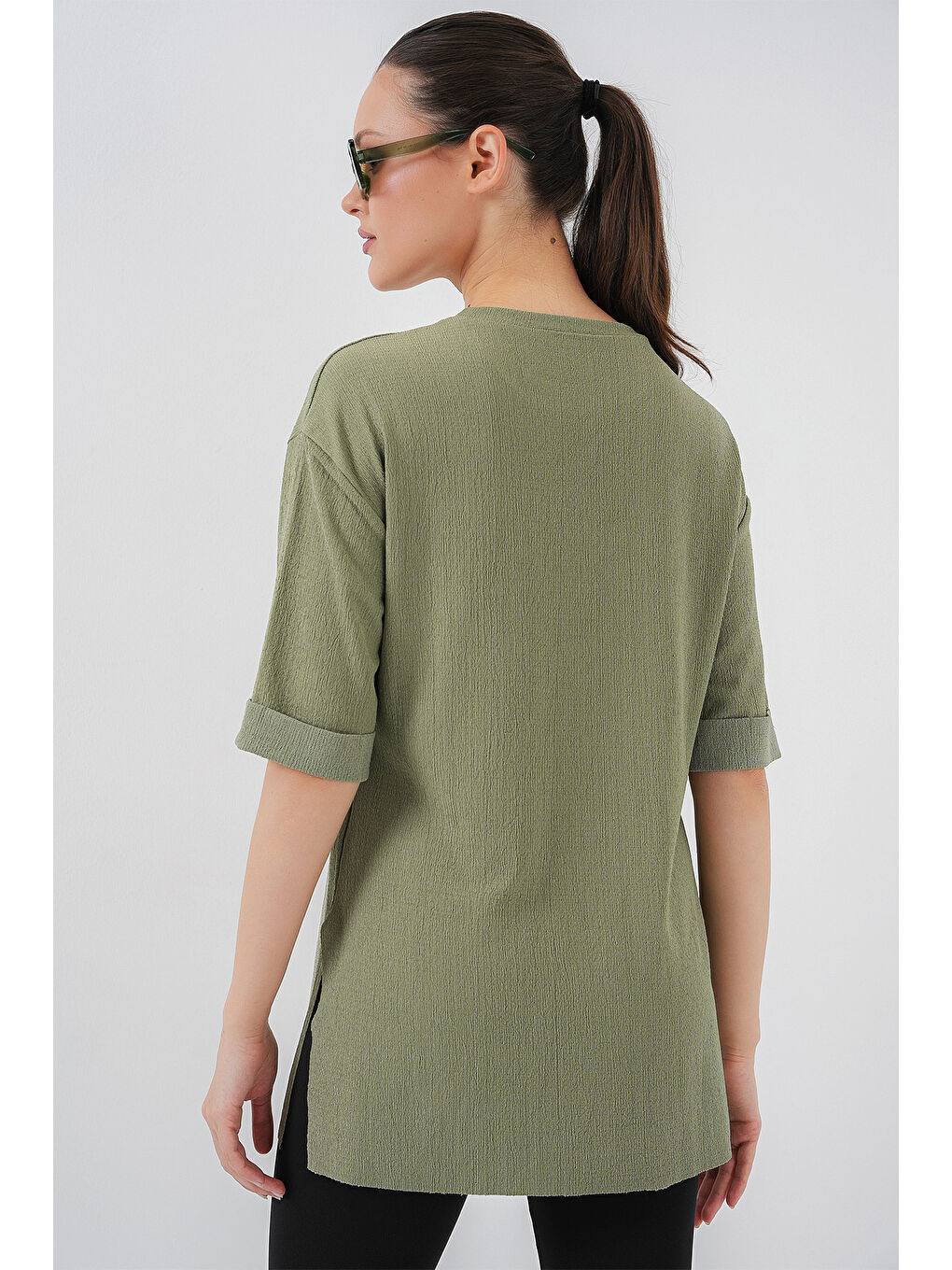 Yeşil 4332 Yanı Yırtmaçlı Örme Tişört - Çağla-4