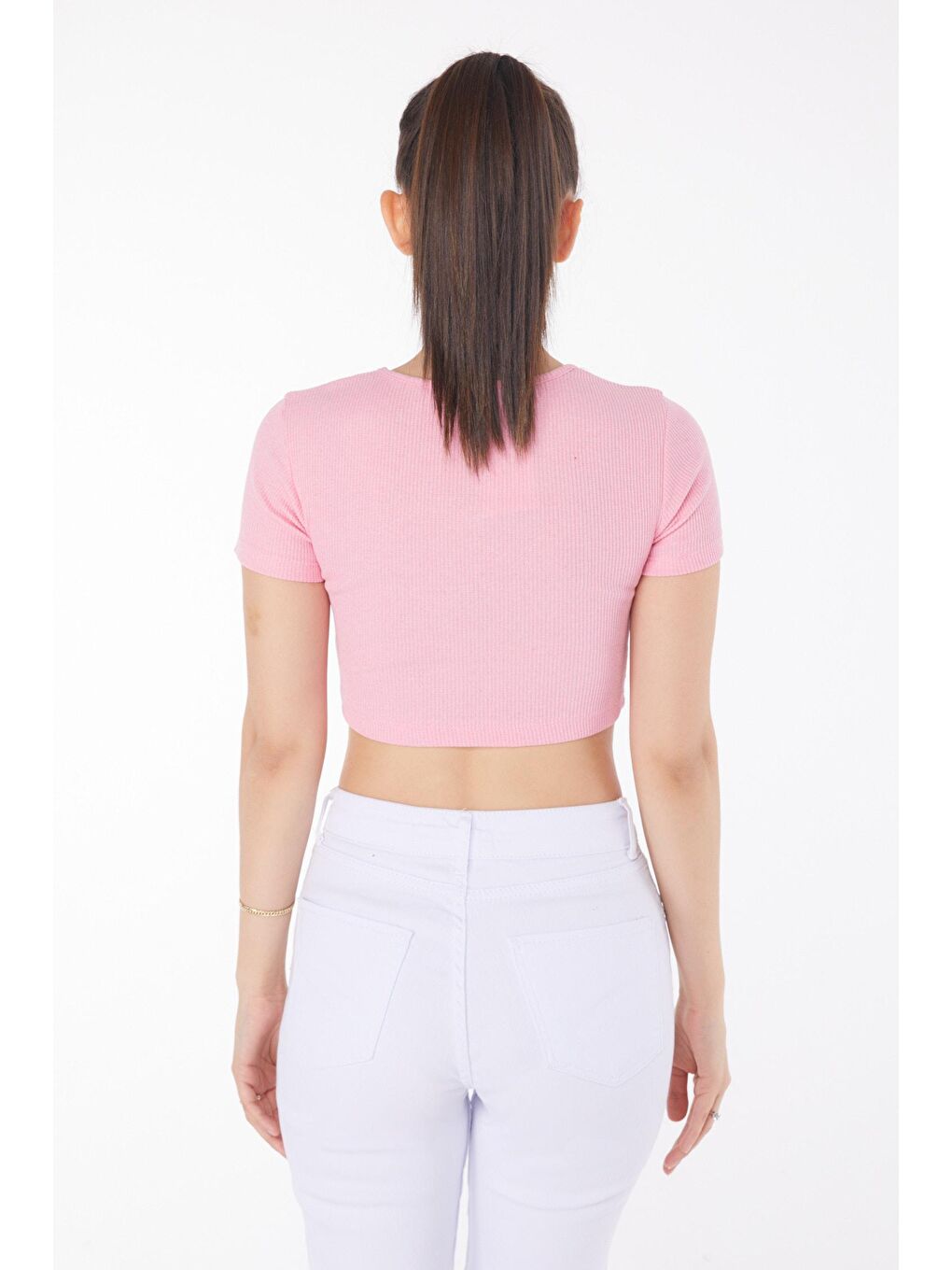 TOFİSA Pembe Düz Bisiklet Yaka Kadın Pembe Crop  - 25852 - 4