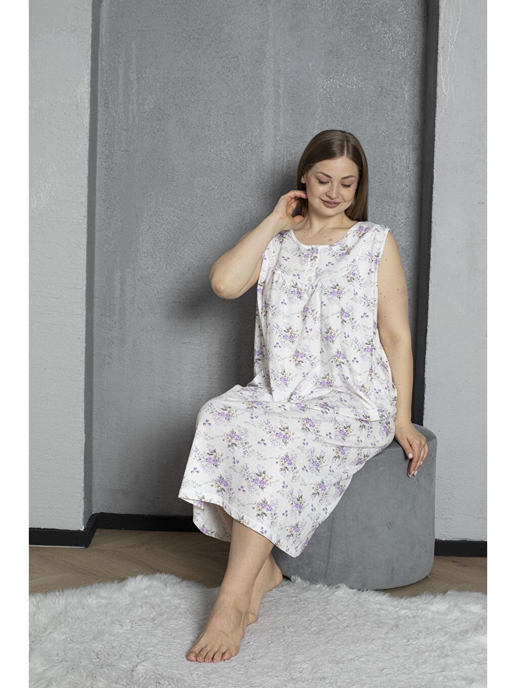 Lila Sıfır Kol Düğmeli Yaka %100 Pamuklu Penye Büyük Beden Anne Geceliği 1518-5