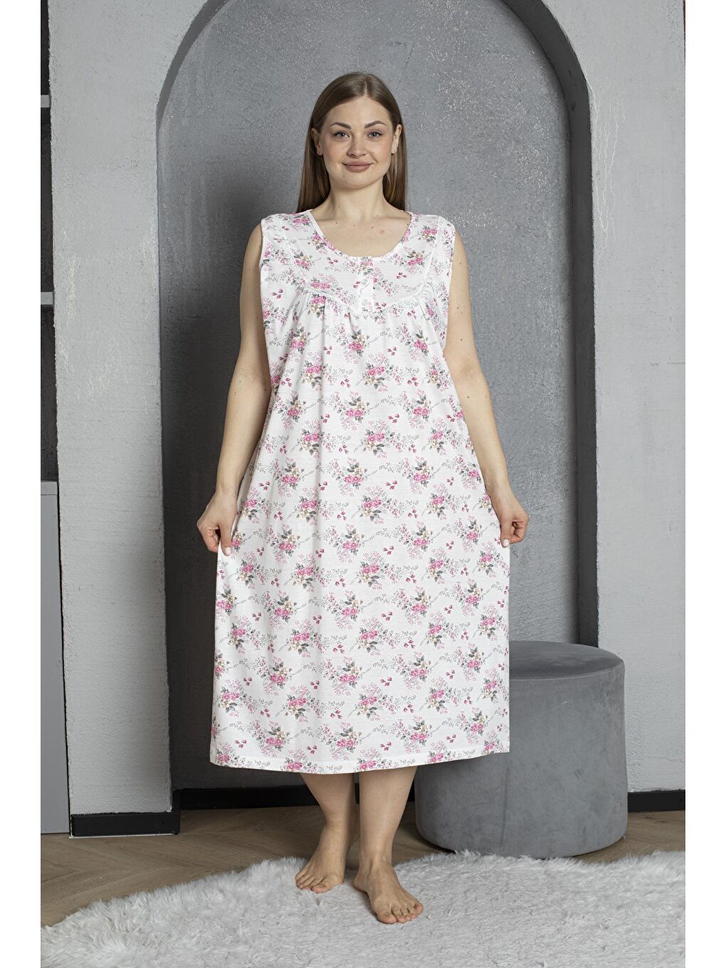 Pembe Sıfır Kol Düğmeli Yaka %100 Pamuklu Penye Büyük Beden Anne Geceliği 1518