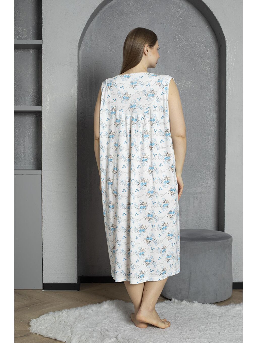 Mavi Sıfır Kol Düğmeli Yaka %100 Pamuklu Penye Büyük Beden Anne Geceliği 1518-4