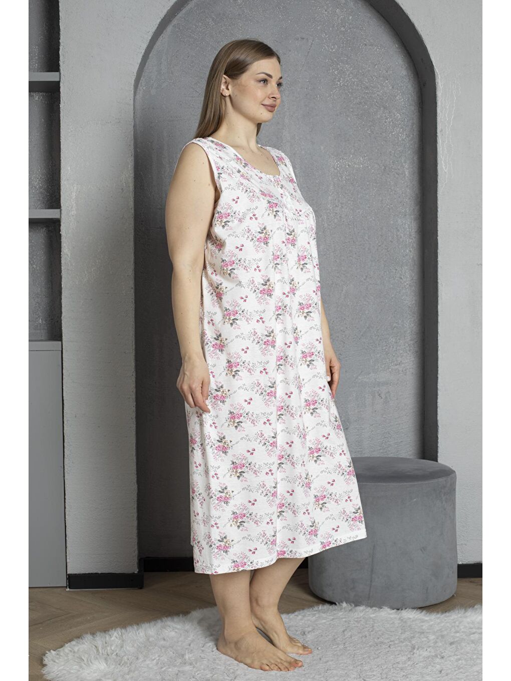 Pembe Sıfır Kol Düğmeli Yaka %100 Pamuklu Penye Büyük Beden Anne Geceliği 1518-1