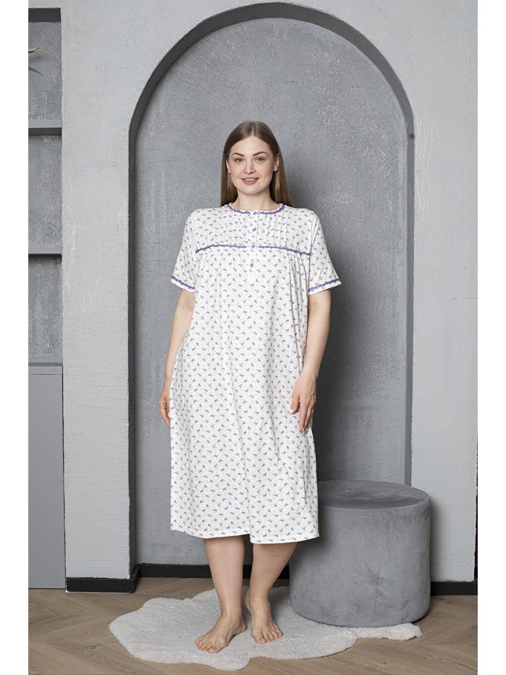 Lila Düğmeli Yaka Kısa Kol %100 Pamuklu Penye Büyük Beden Anne Geceliği 529-2