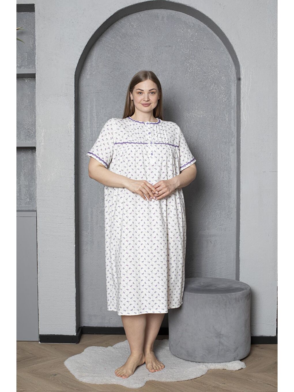 Lila Düğmeli Yaka Kısa Kol %100 Pamuklu Penye Büyük Beden Anne Geceliği 529-3