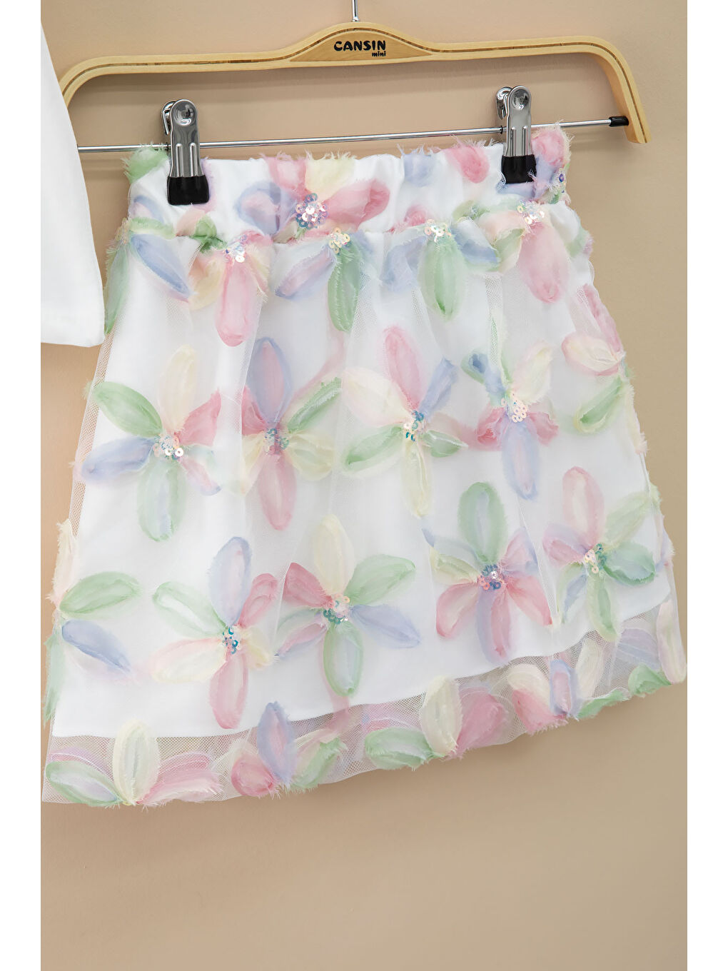 Pembe Çiçek İşlemeli Tüllü Etekli Kısa Kol Bluzlu Kız Çocuk 2li Takım 21046-3