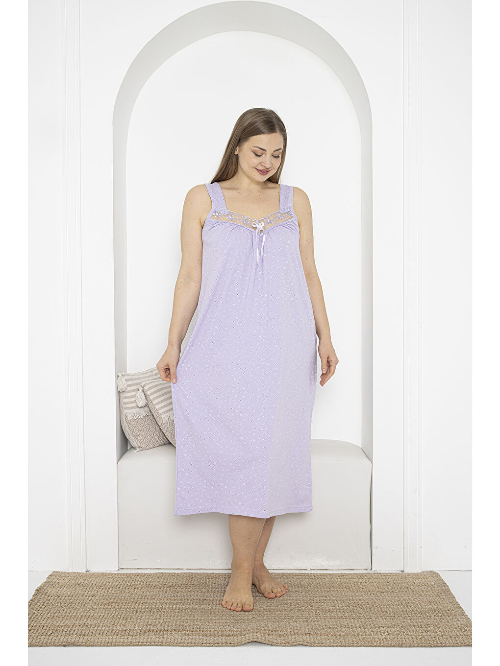 Lila Kalın Askılı Dantel Detaylı %100 Pamuklu Penye Büyük Beden Anne Geceliği 263-2