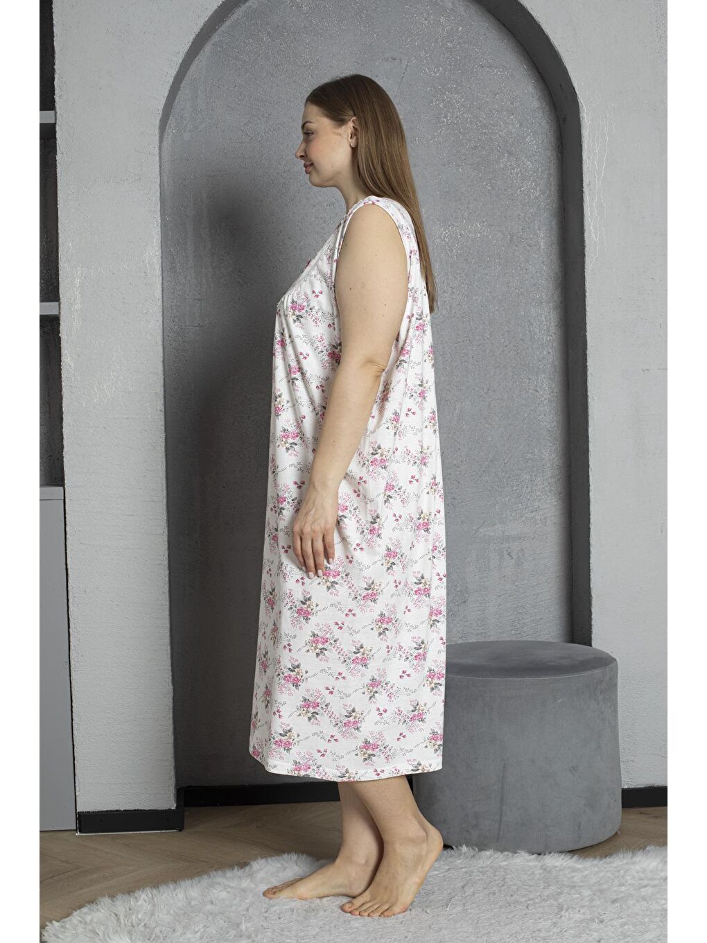 Pembe Sıfır Kol Düğmeli Yaka %100 Pamuklu Penye Büyük Beden Anne Geceliği 1518-2