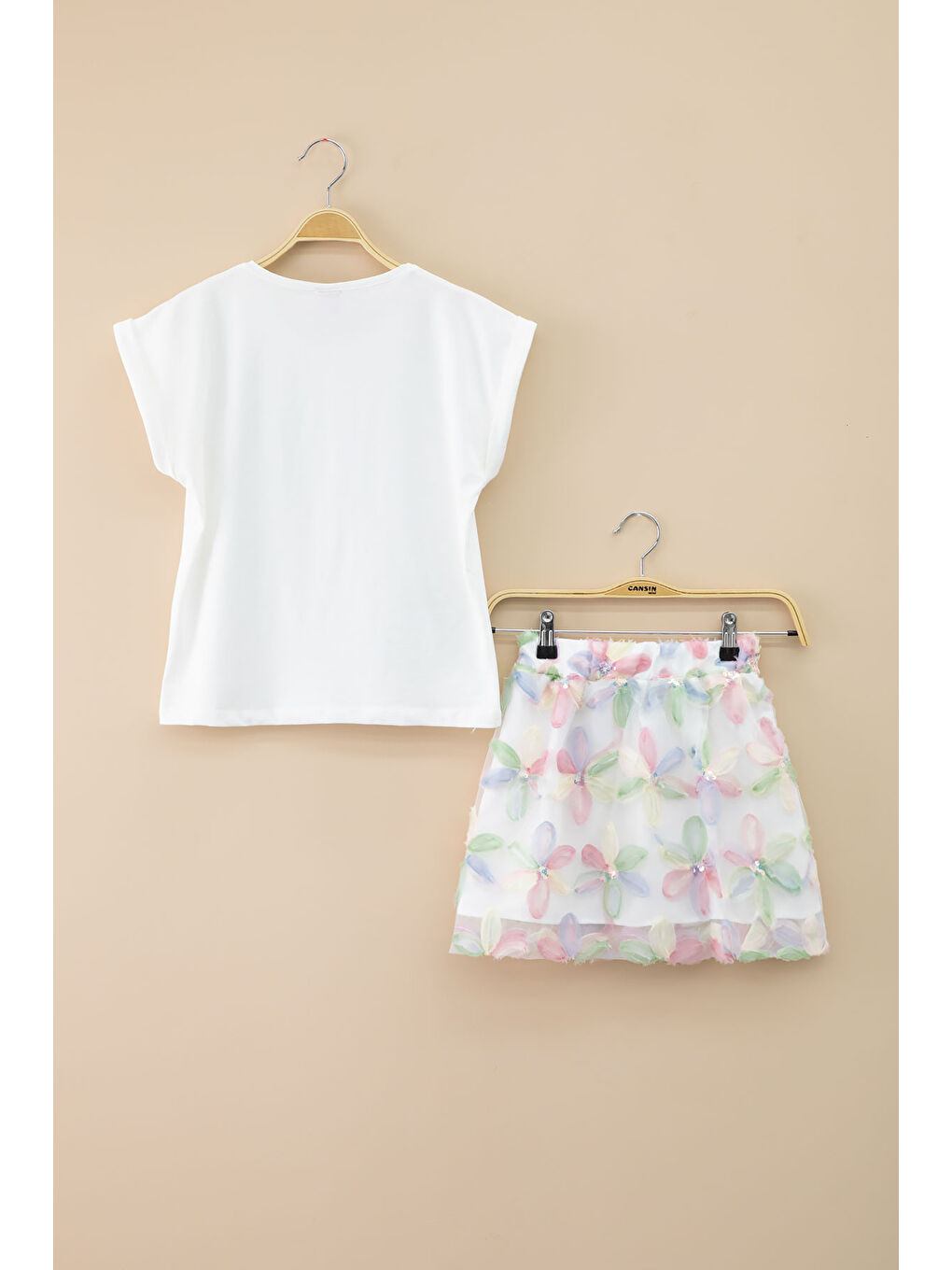 Pembe Çiçek İşlemeli Tüllü Etekli Kısa Kol Bluzlu Kız Çocuk 2li Takım 21046-4