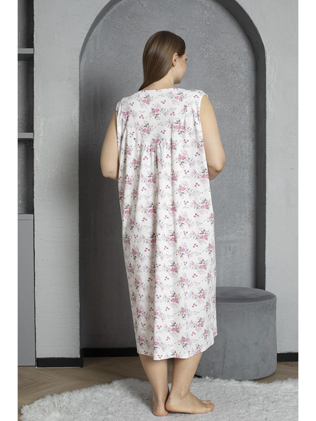 Pembe Sıfır Kol Düğmeli Yaka %100 Pamuklu Penye Büyük Beden Anne Geceliği 1518-3