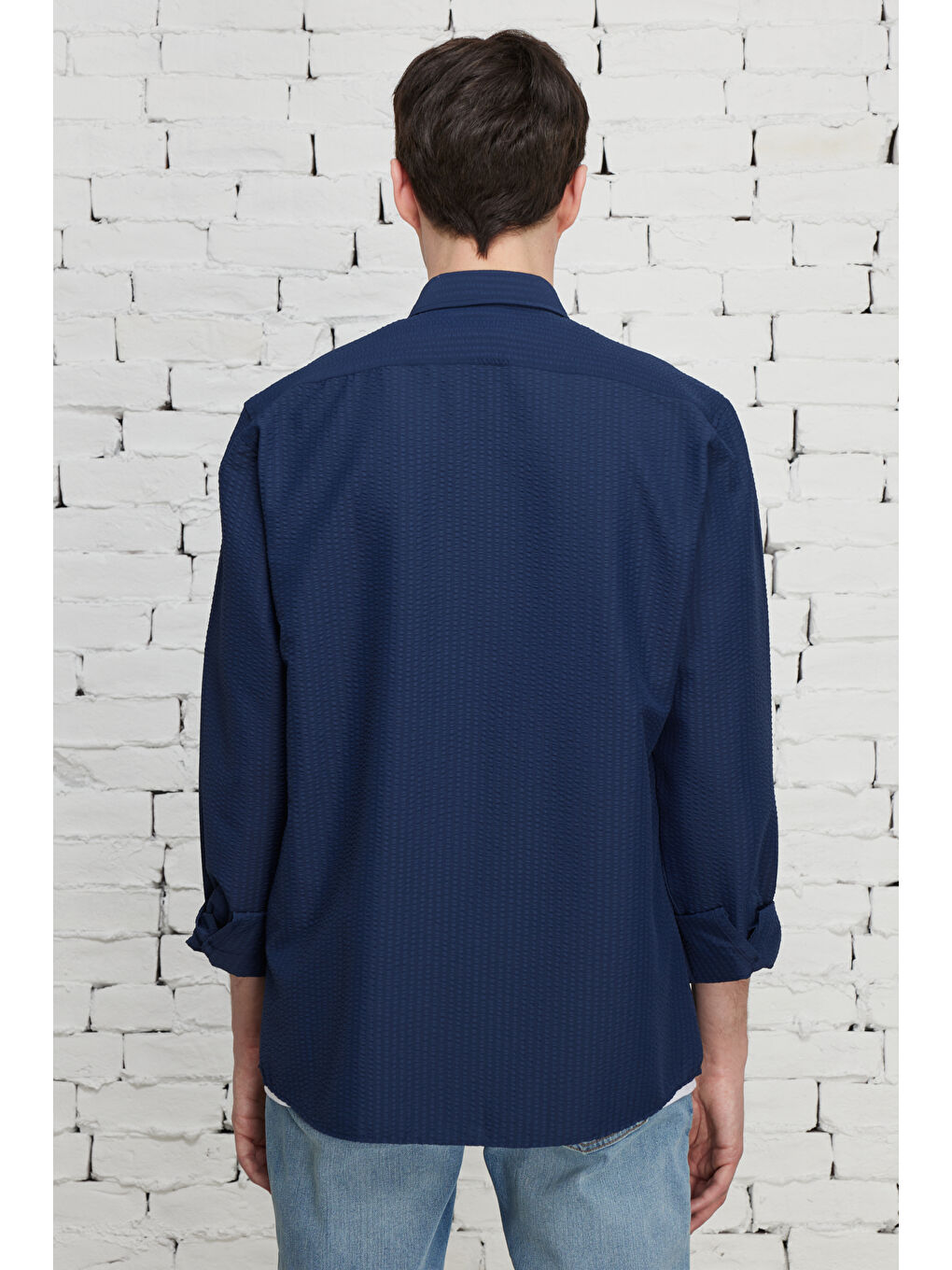 Erkek Lacivert Kolay Ütülenebilir Slim Fit Dar Kesim Düğme Yaka Gofre Desenli Gömlek-4