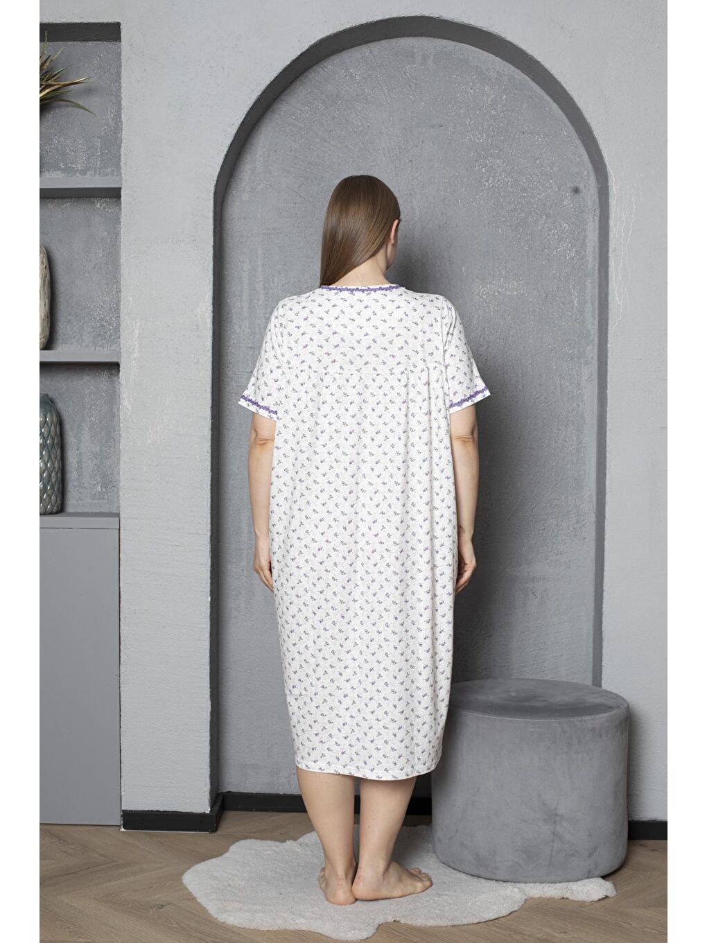Lila Düğmeli Yaka Kısa Kol %100 Pamuklu Penye Büyük Beden Anne Geceliği 529-5