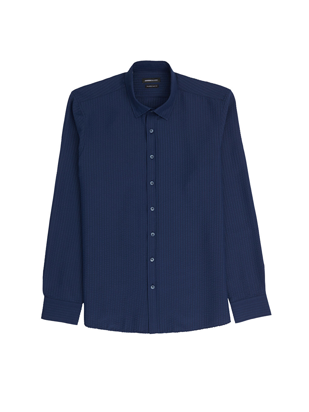 Erkek Lacivert Kolay Ütülenebilir Slim Fit Dar Kesim Düğme Yaka Gofre Desenli Gömlek-5