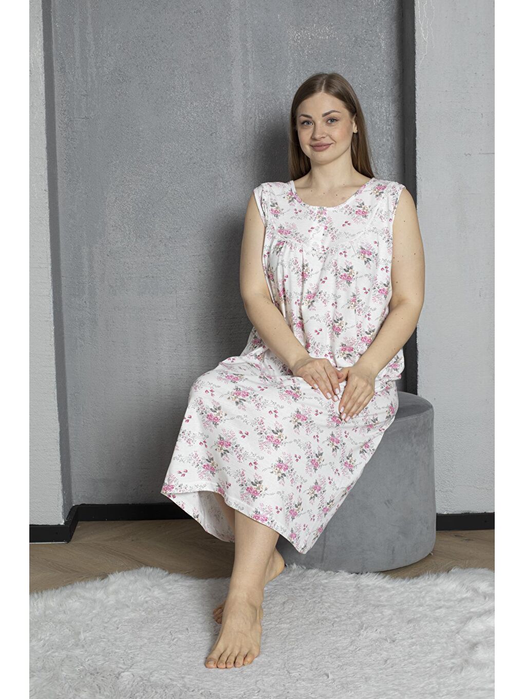 Pembe Sıfır Kol Düğmeli Yaka %100 Pamuklu Penye Büyük Beden Anne Geceliği 1518-4